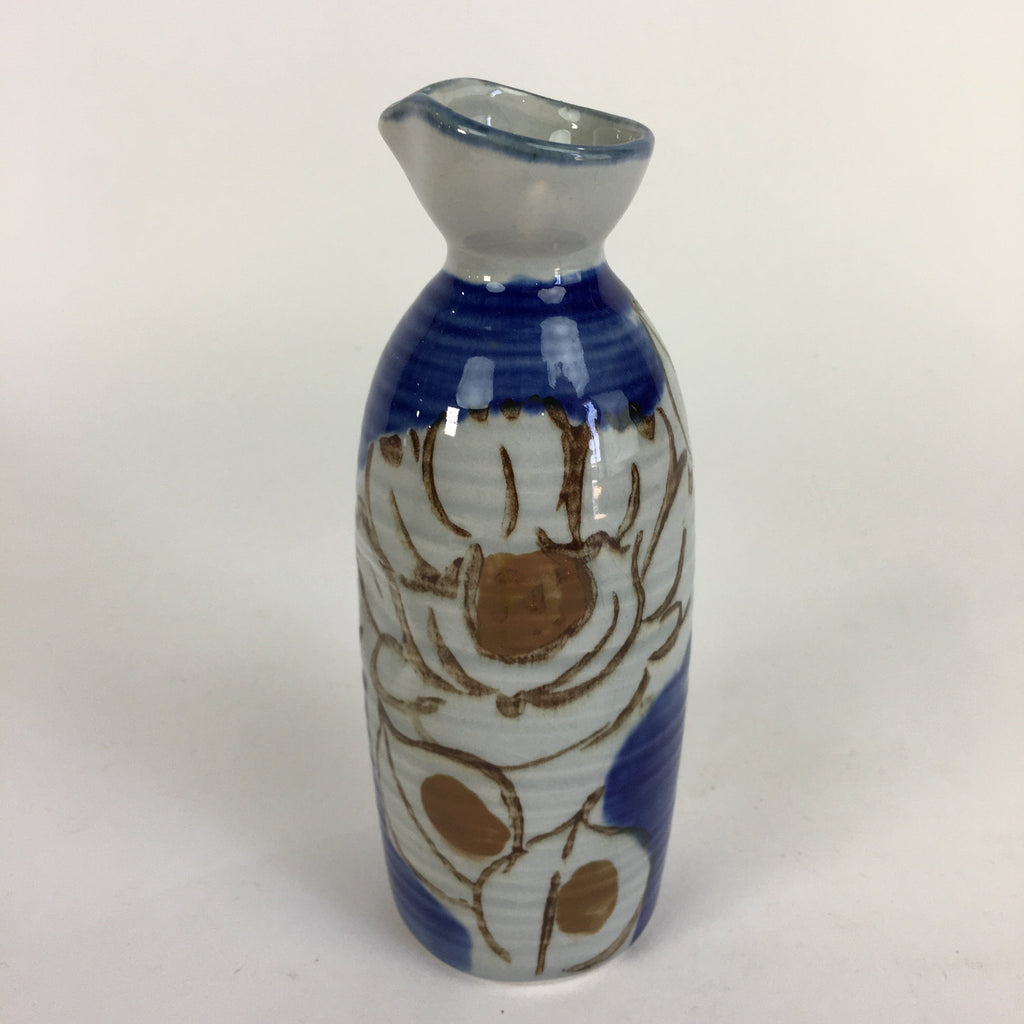 Japanese Ceramic Sake Bottle Tokkuri Vtg Pottery Blue Hand Drawn Picture TS266