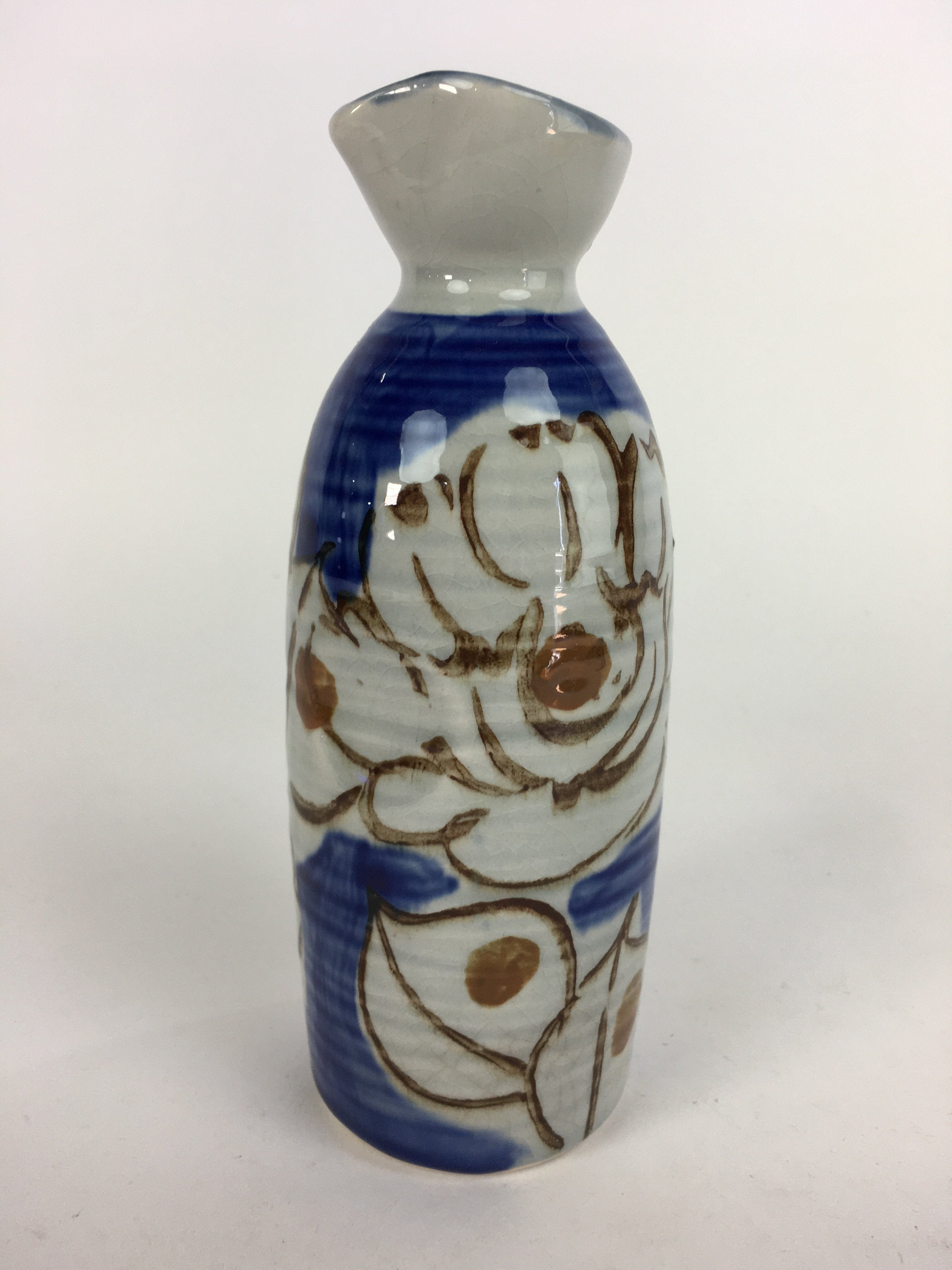 Japanese Ceramic Sake Bottle Tokkuri Vtg Pottery Blue Hand Drawn Picture TS267