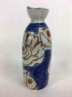 Japanese Ceramic Sake Bottle Tokkuri Vtg Pottery Blue Hand Drawn Picture TS267
