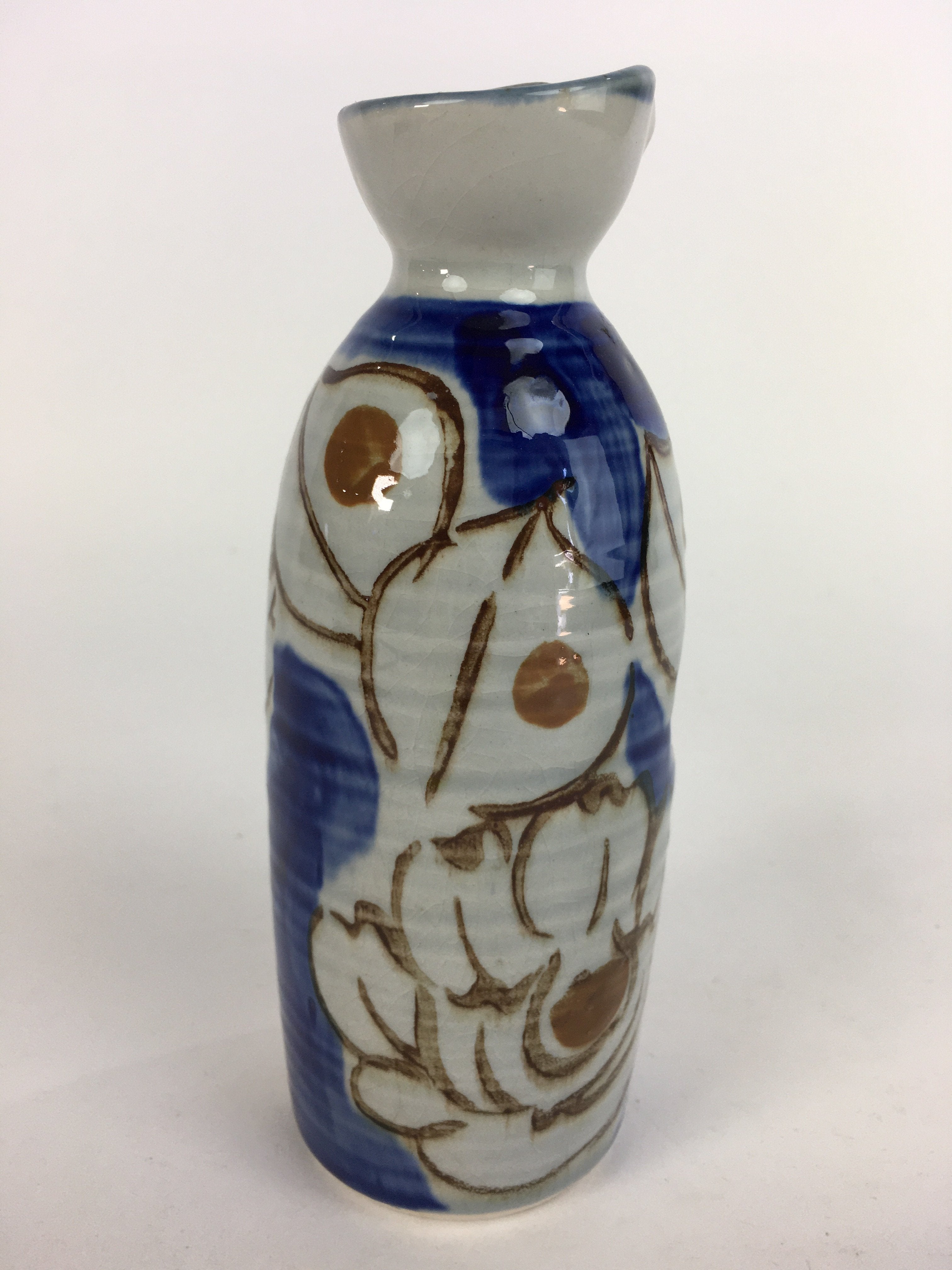 Japanese Ceramic Sake Bottle Tokkuri Vtg Pottery Blue Hand Drawn Picture TS267