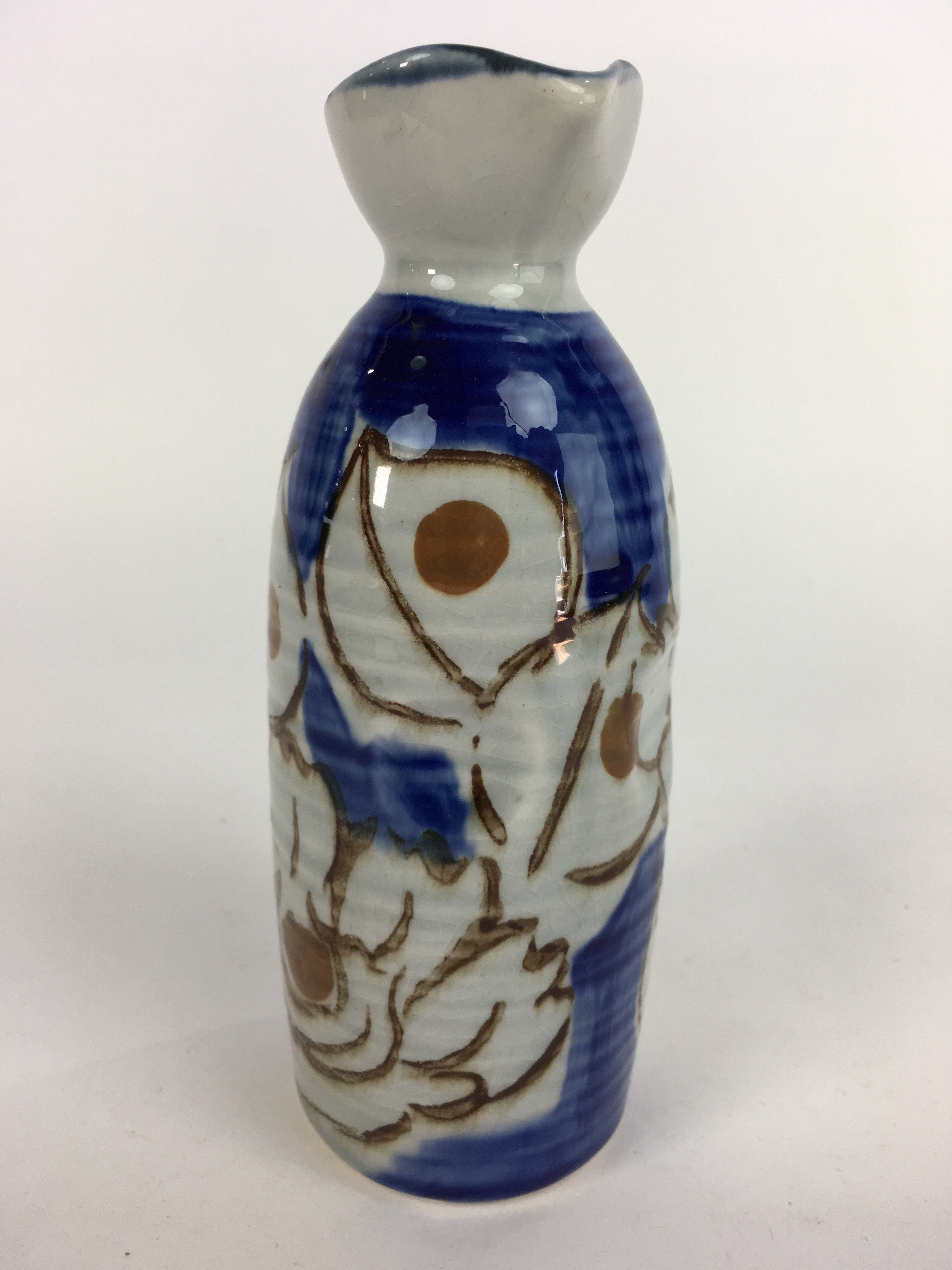 Japanese Ceramic Sake Bottle Tokkuri Vtg Pottery Blue Hand Drawn Picture TS267