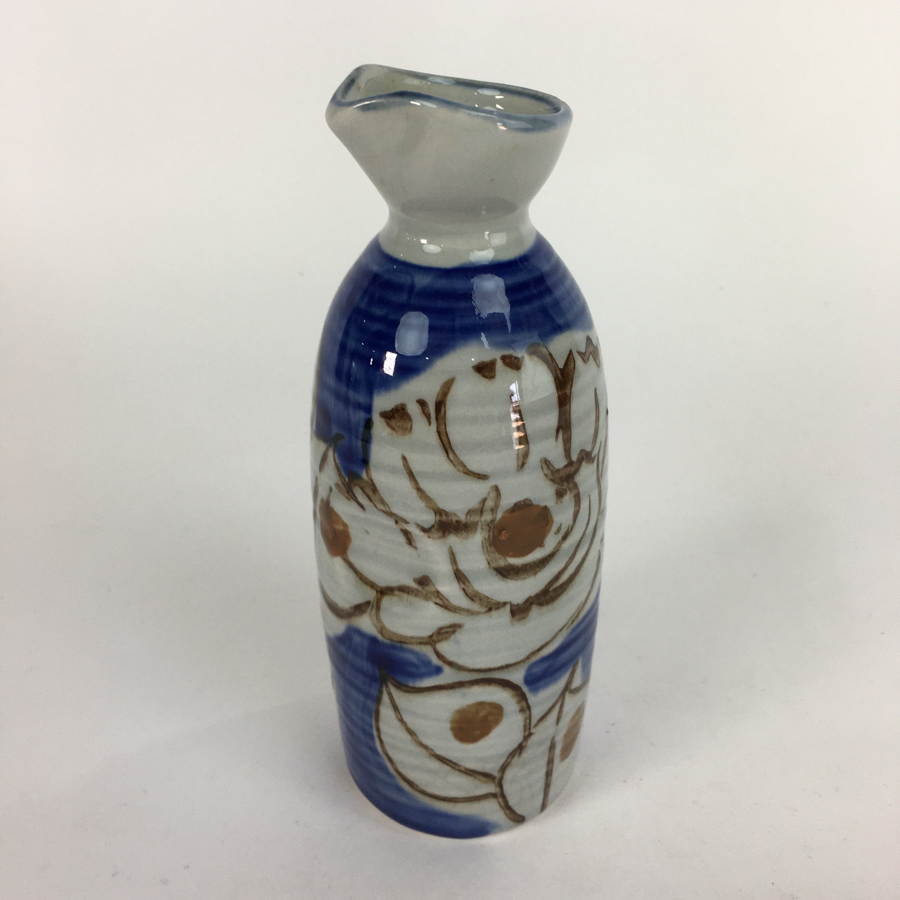 Japanese Ceramic Sake Bottle Tokkuri Vtg Pottery Blue Hand Drawn Picture TS267