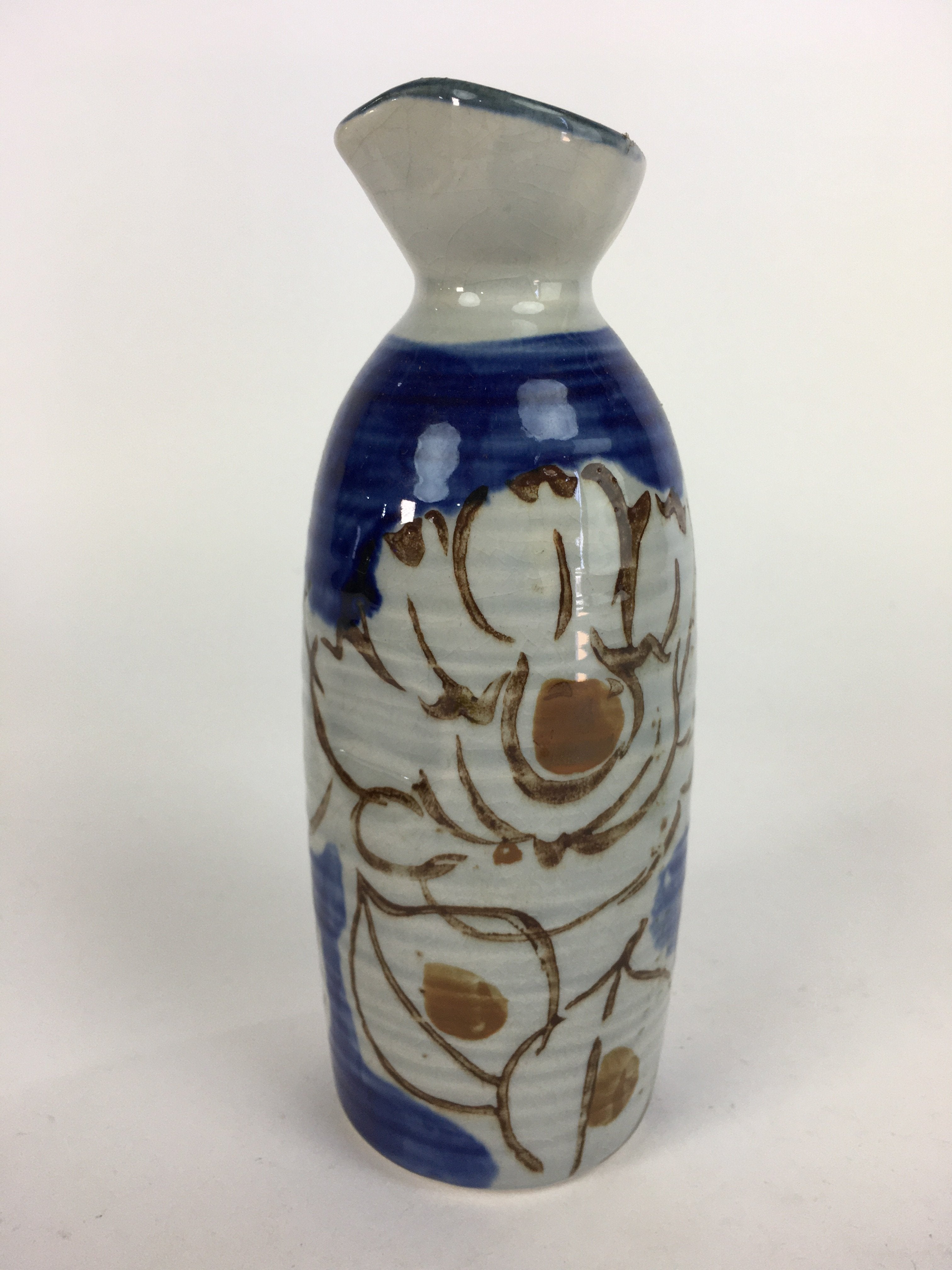 Japanese Ceramic Sake Bottle Tokkuri Vtg Pottery Blue Hand Drawn Picture TS268
