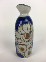Japanese Ceramic Sake Bottle Tokkuri Vtg Pottery Blue Hand Drawn Picture TS268