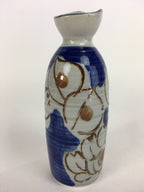 Japanese Ceramic Sake Bottle Tokkuri Vtg Pottery Blue Hand Drawn Picture TS268