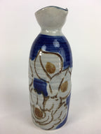 Japanese Ceramic Sake Bottle Tokkuri Vtg Pottery Blue Hand Drawn Picture TS268