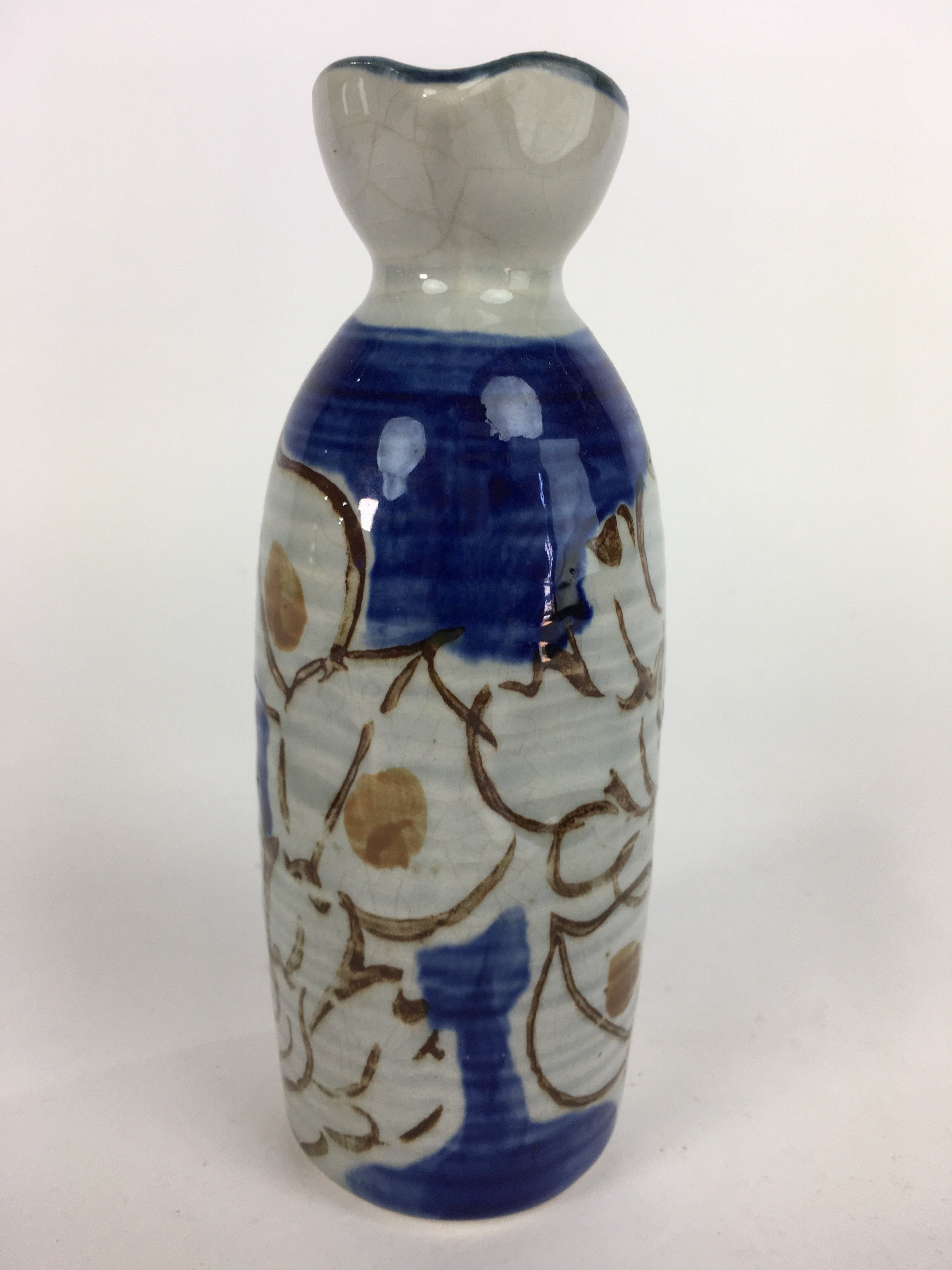 Japanese Ceramic Sake Bottle Tokkuri Vtg Pottery Blue Hand Drawn Picture TS268