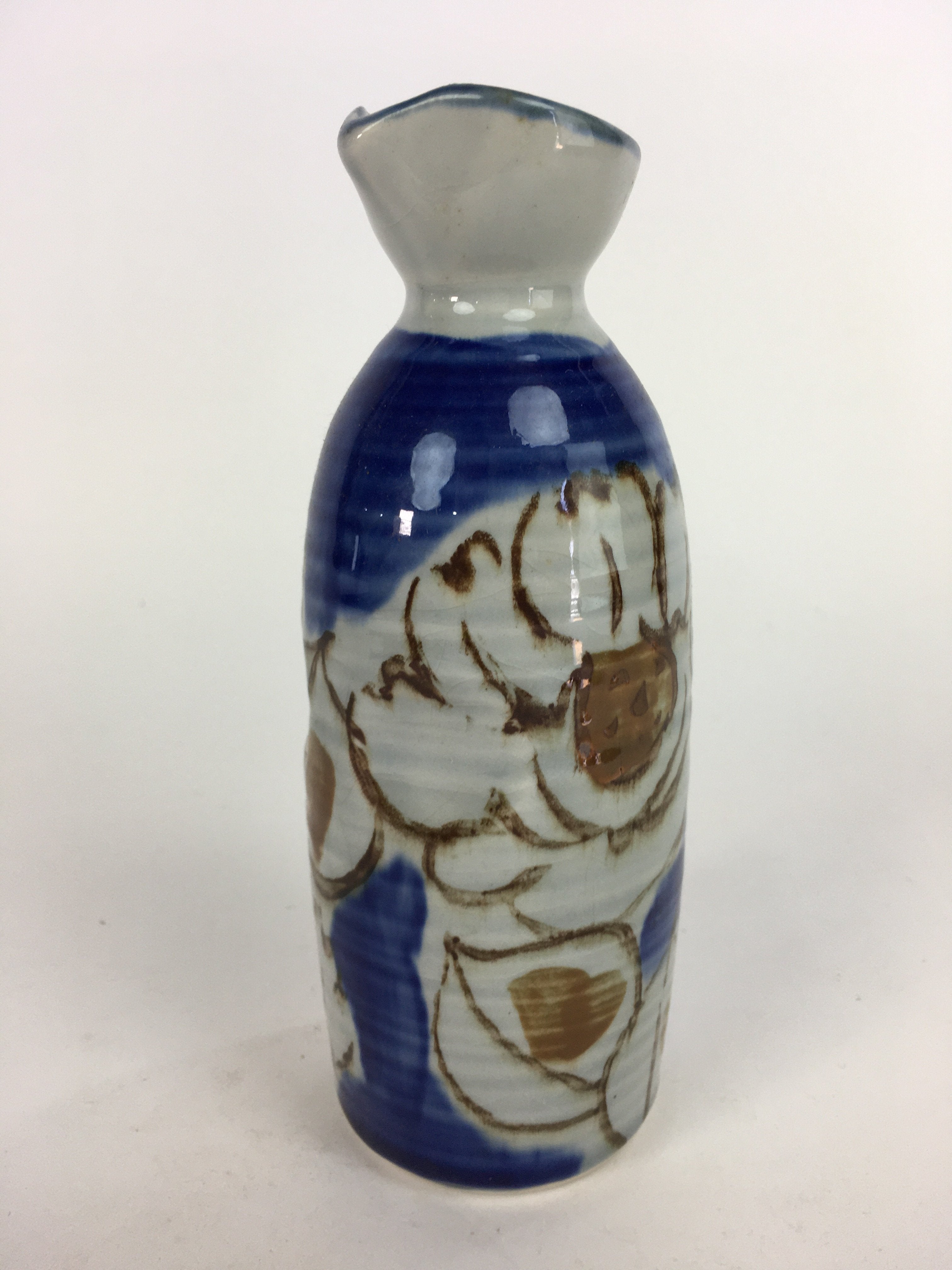 Japanese Ceramic Sake Bottle Tokkuri Vtg Pottery Blue Hand Drawn Picture TS269