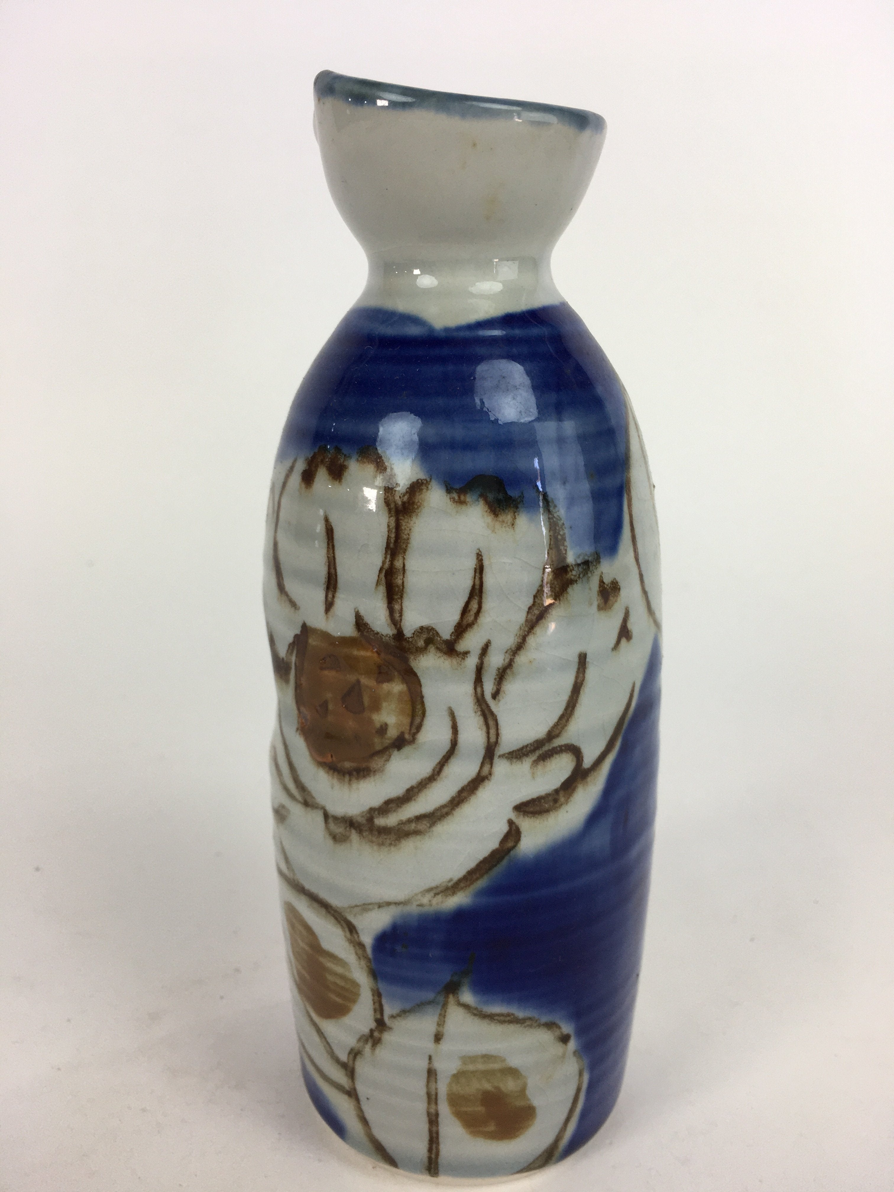 Japanese Ceramic Sake Bottle Tokkuri Vtg Pottery Blue Hand Drawn Picture TS269