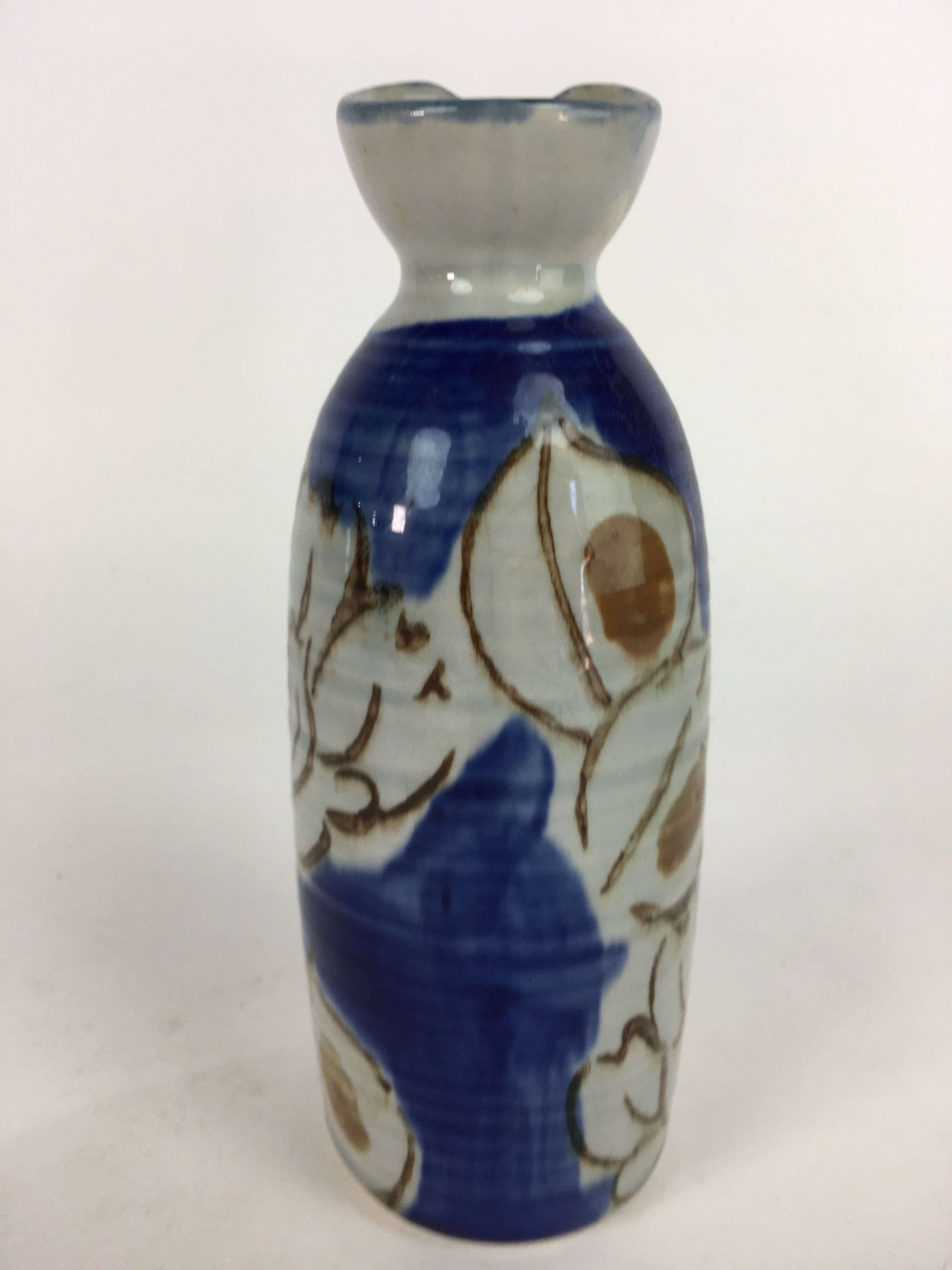 Japanese Ceramic Sake Bottle Tokkuri Vtg Pottery Blue Hand Drawn Picture TS269