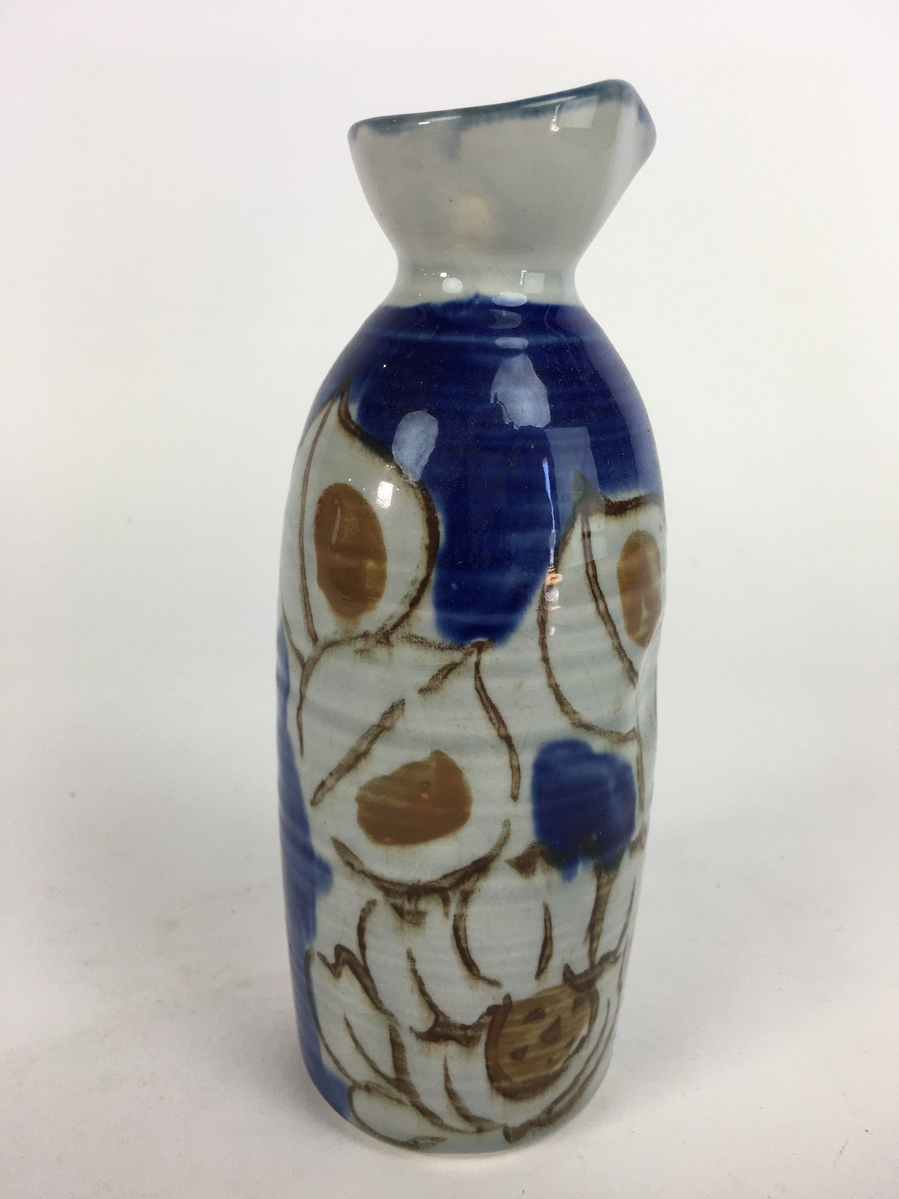 Japanese Ceramic Sake Bottle Tokkuri Vtg Pottery Blue Hand Drawn Picture TS269