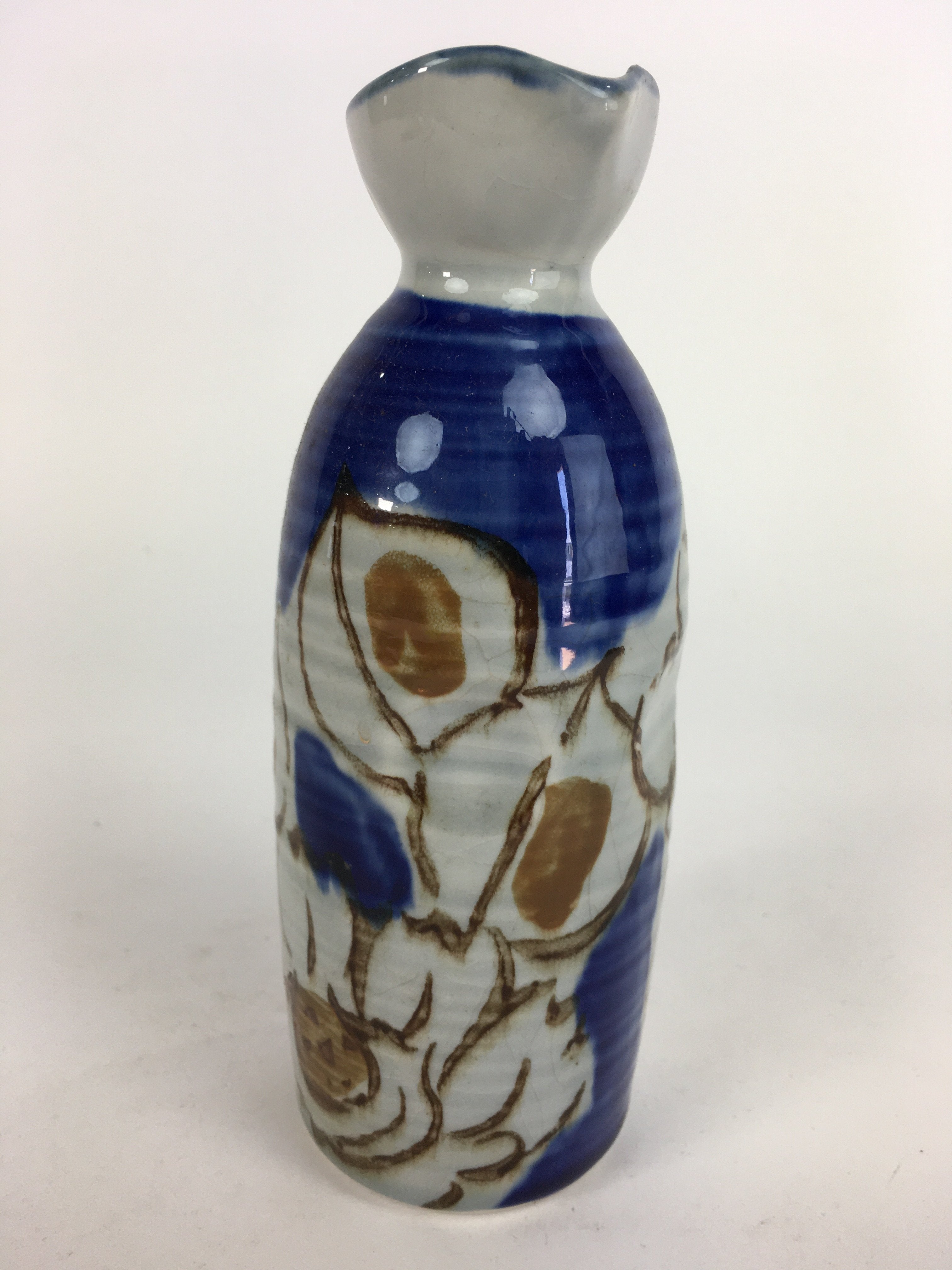 Japanese Ceramic Sake Bottle Tokkuri Vtg Pottery Blue Hand Drawn Picture TS269