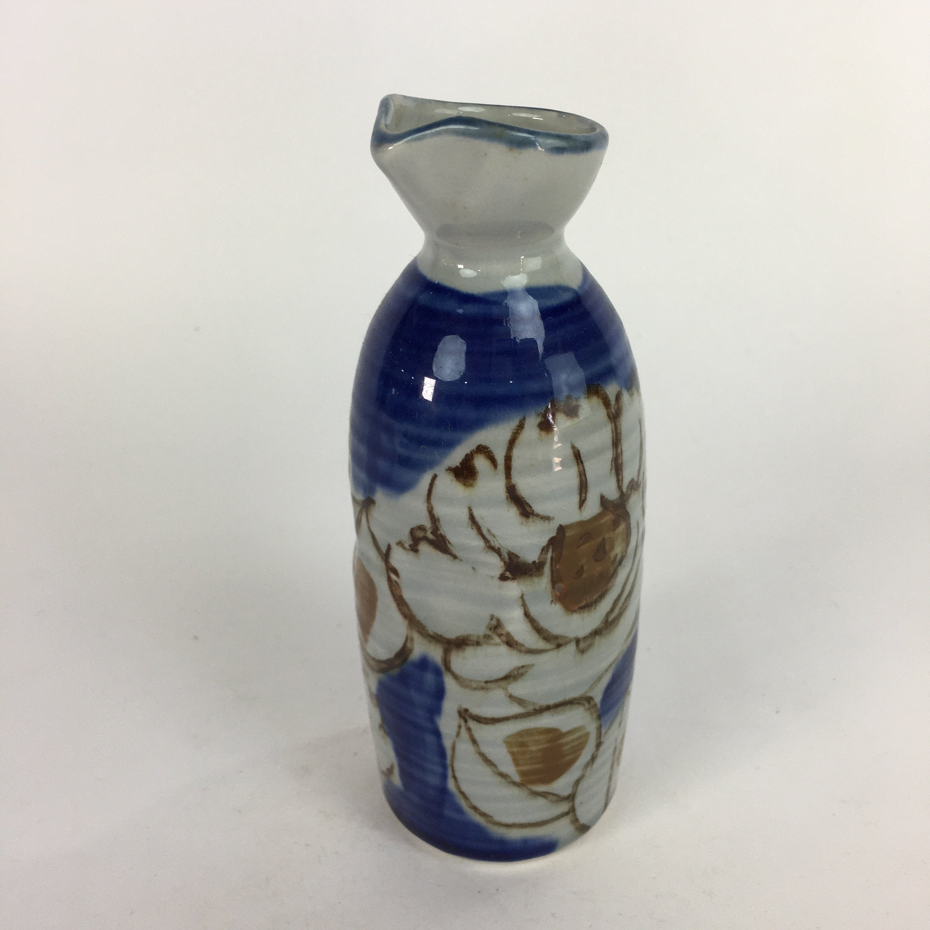 Japanese Ceramic Sake Bottle Tokkuri Vtg Pottery Blue Hand Drawn Picture TS269