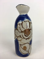 Japanese Ceramic Sake Bottle Tokkuri Vtg Pottery Blue Hand Drawn Picture TS270