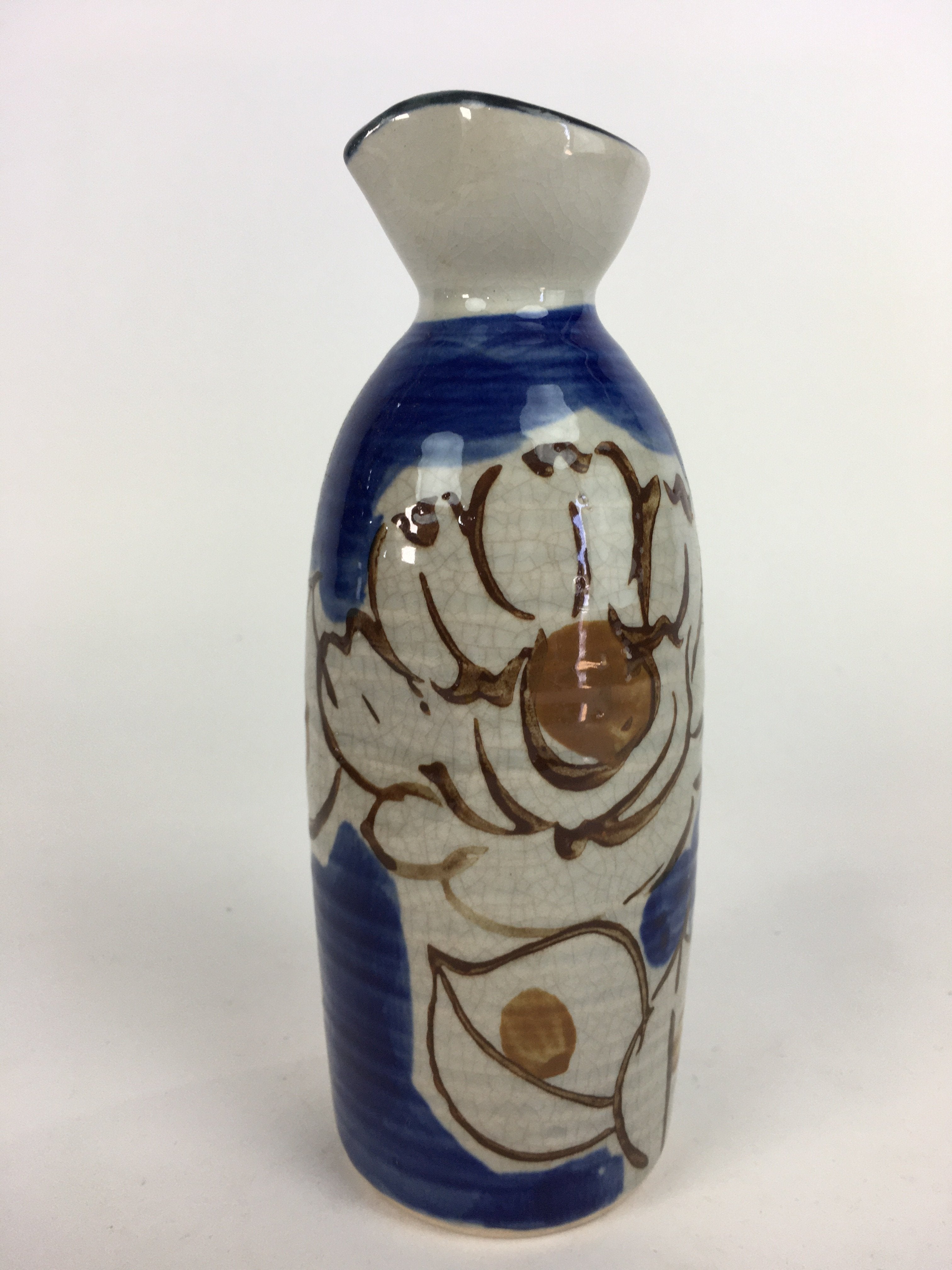 Japanese Ceramic Sake Bottle Tokkuri Vtg Pottery Blue Hand Drawn Picture TS270