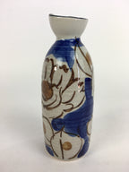 Japanese Ceramic Sake Bottle Tokkuri Vtg Pottery Blue Hand Drawn Picture TS270