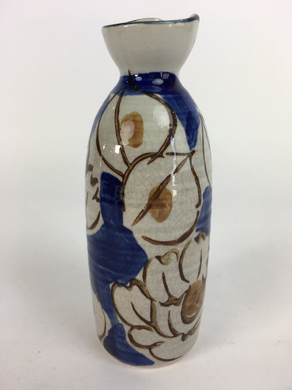 Japanese Ceramic Sake Bottle Tokkuri Vtg Pottery Blue Hand Drawn Picture TS270
