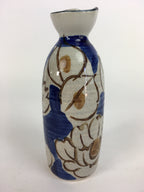 Japanese Ceramic Sake Bottle Tokkuri Vtg Pottery Blue Hand Drawn Picture TS270