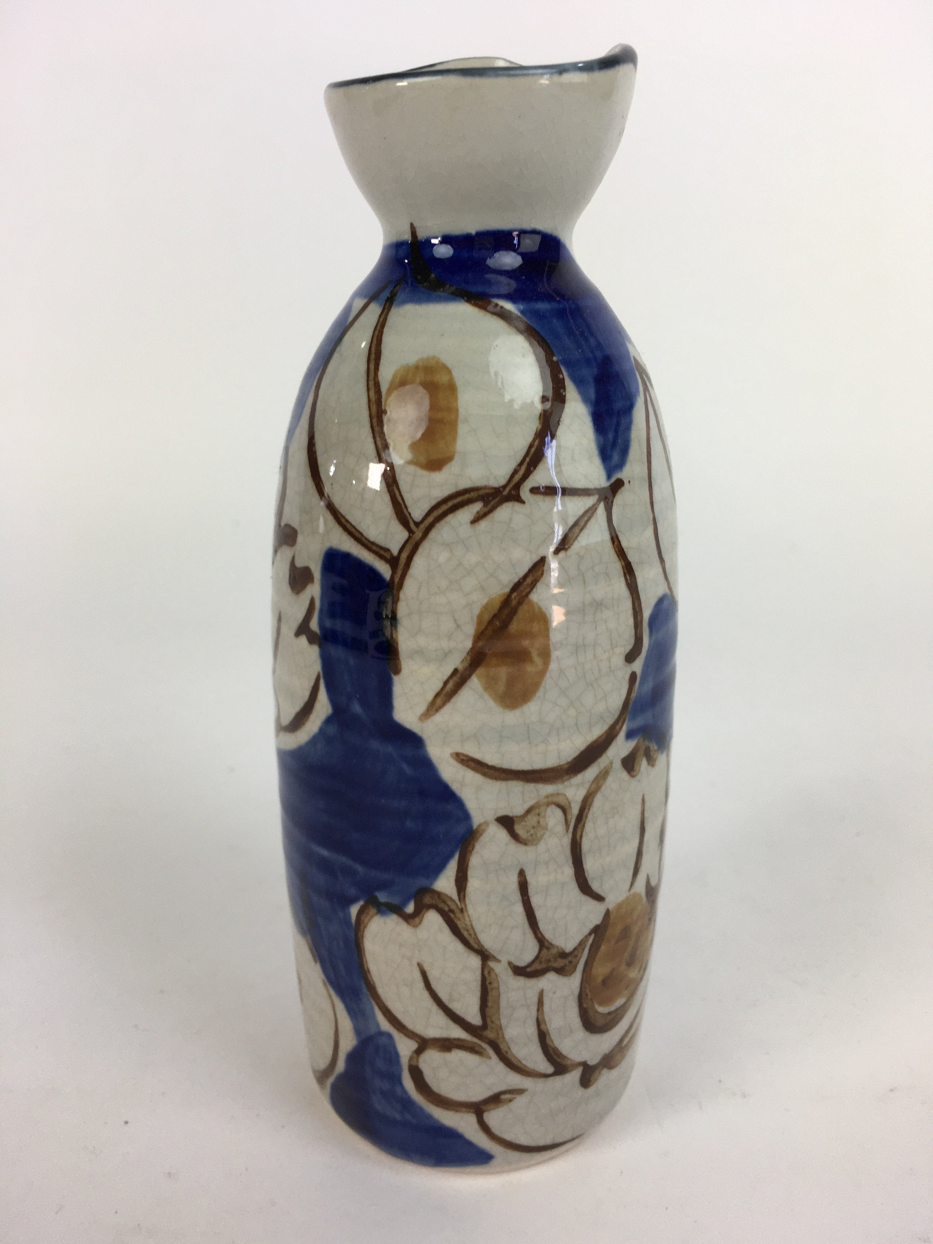Japanese Ceramic Sake Bottle Tokkuri Vtg Pottery Blue Hand Drawn Picture TS270