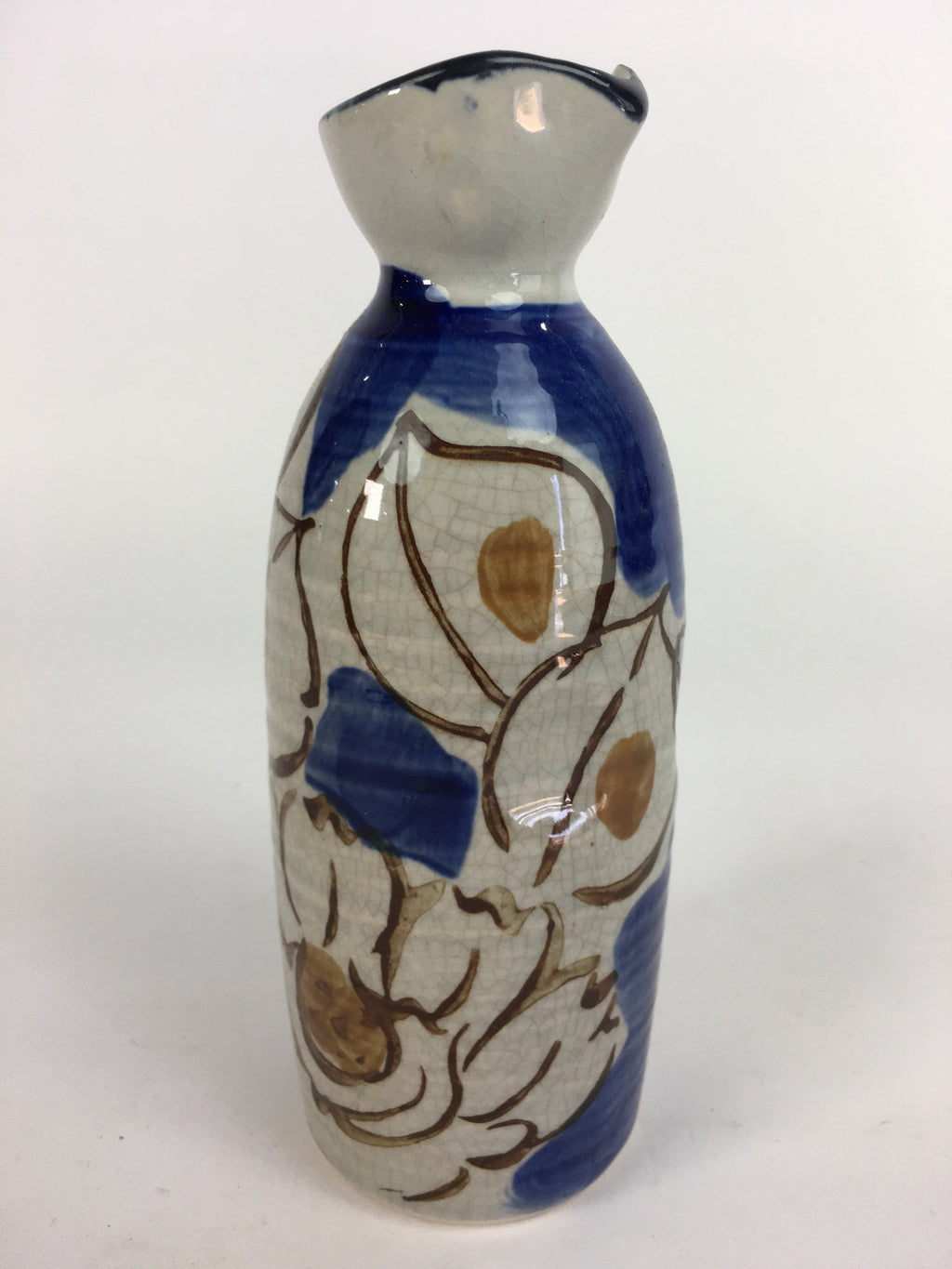 Japanese Ceramic Sake Bottle Tokkuri Vtg Pottery Blue Hand Drawn Picture TS270