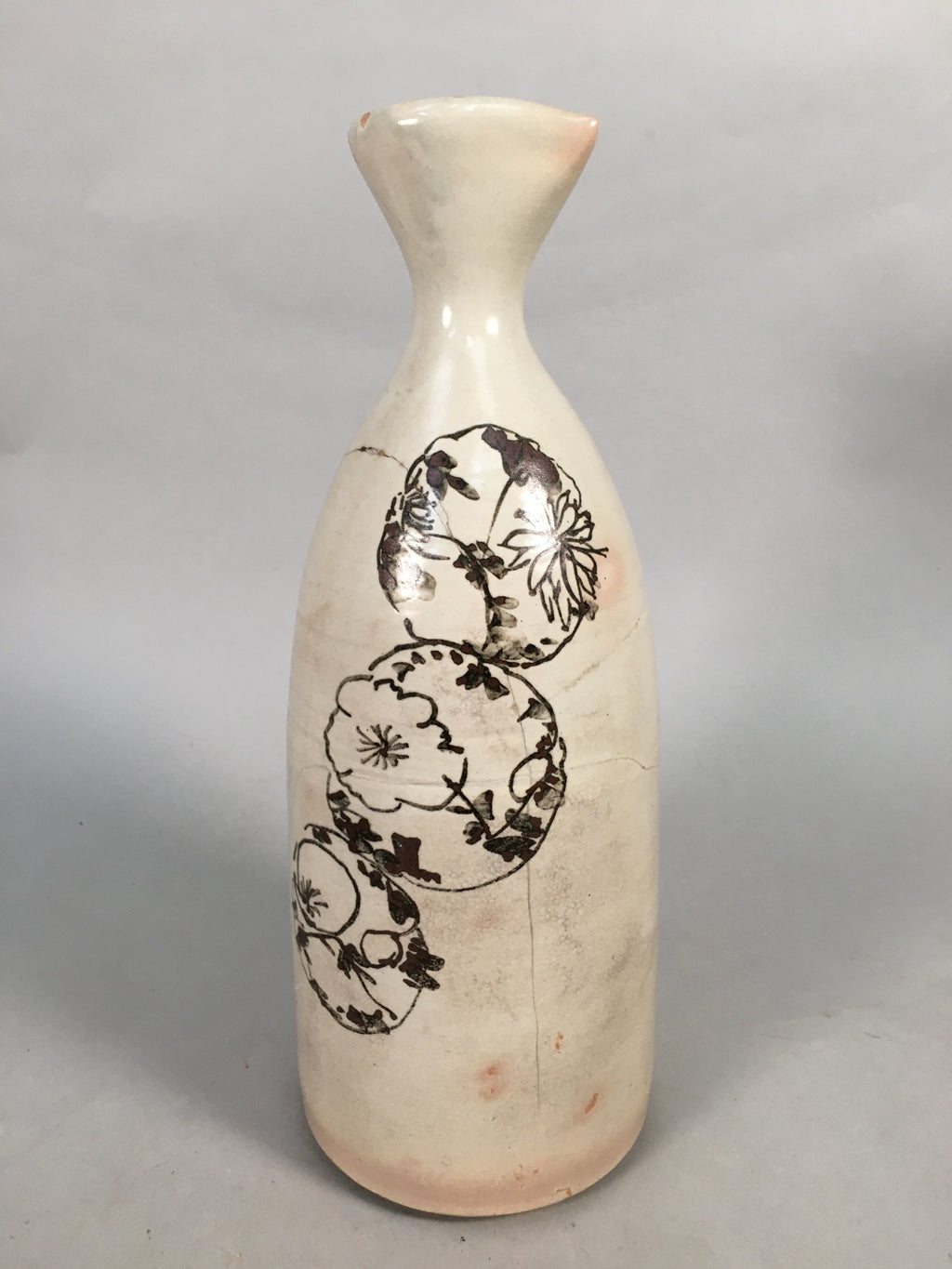 Japanese Ceramic Sake Bottle Tokkuri Vtg Pottery Gray Hand-Painted Flower TS253