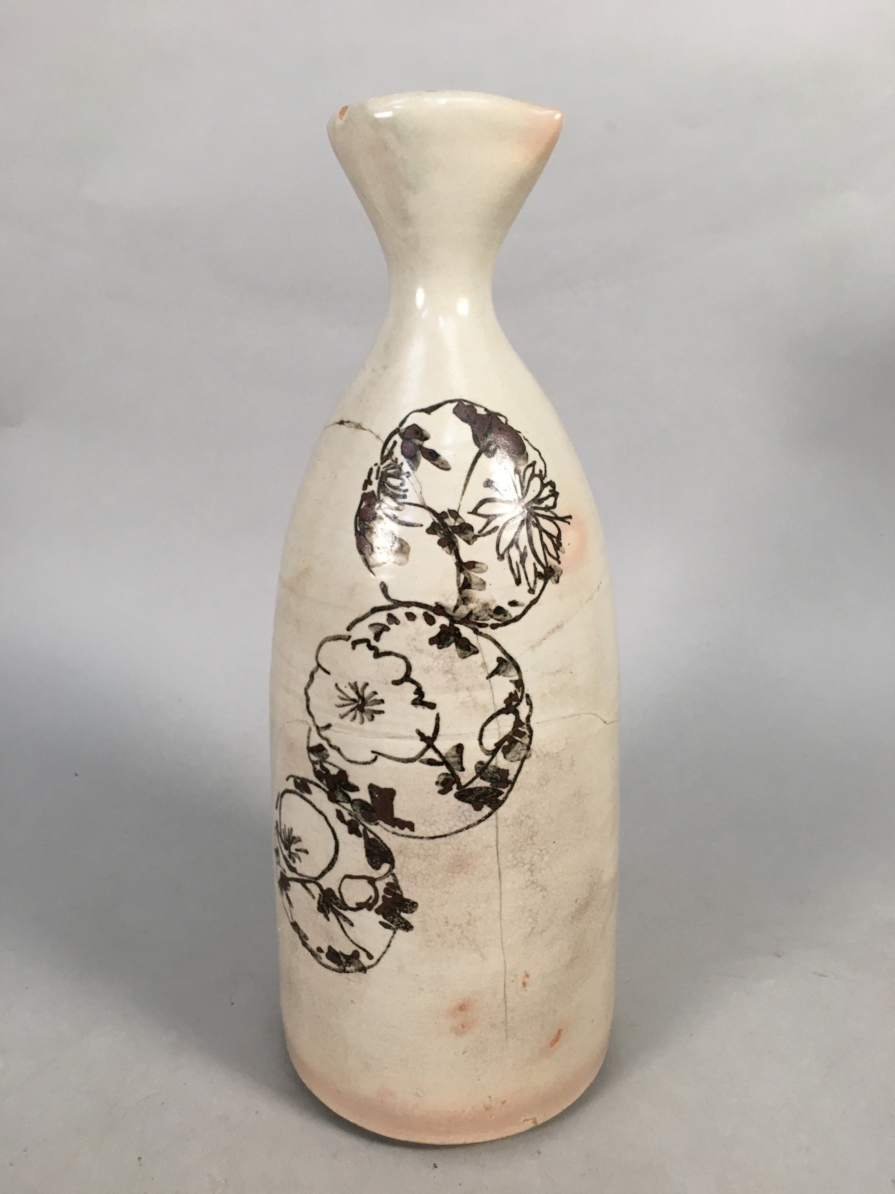 Japanese Ceramic Sake Bottle Tokkuri Vtg Pottery Gray Hand-Painted Flower TS253