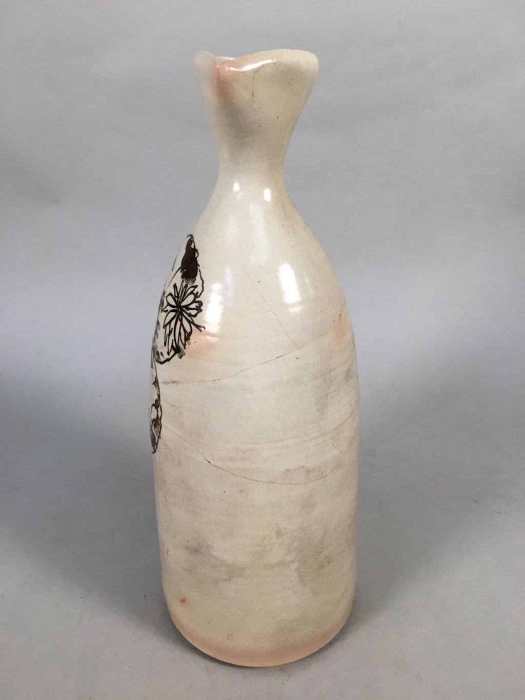 Japanese Ceramic Sake Bottle Tokkuri Vtg Pottery Gray Hand-Painted Flower TS253