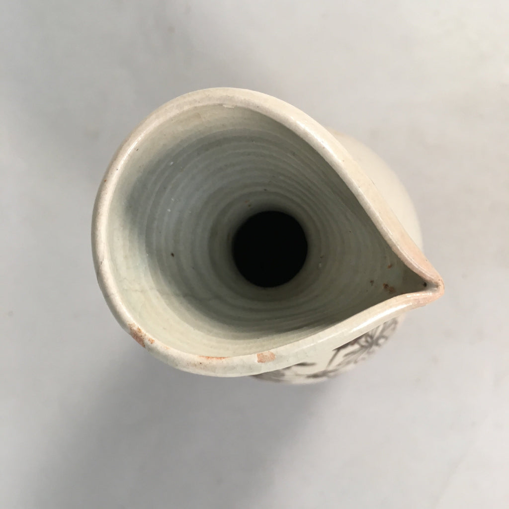 Japanese Ceramic Sake Bottle Tokkuri Vtg Pottery Gray Hand-Painted Flower TS253