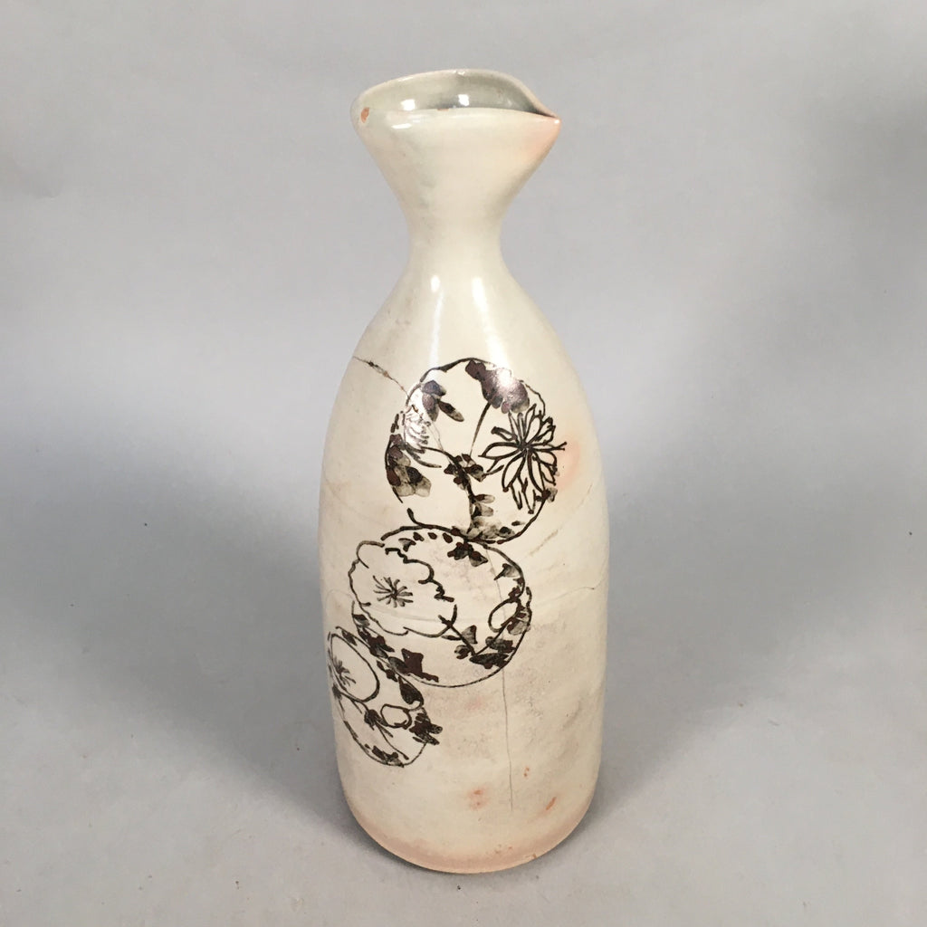 Japanese Ceramic Sake Bottle Tokkuri Vtg Pottery Gray Hand-Painted Flower TS253
