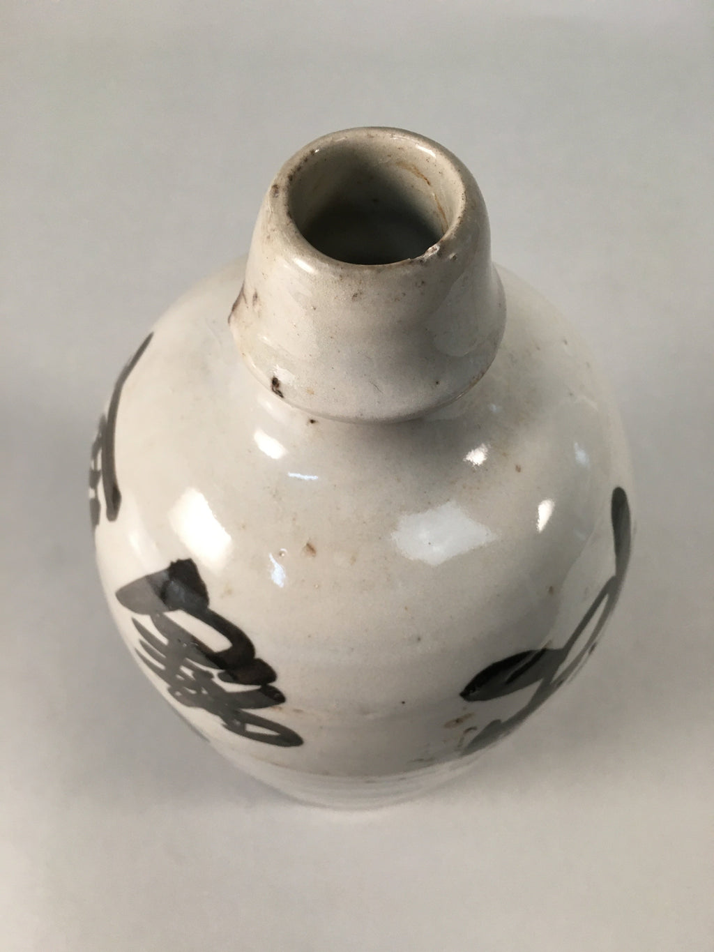 Japanese Ceramic Sake Bottle Tokkuri Vtg Pottery Gray Hand-Written Kanji TS257