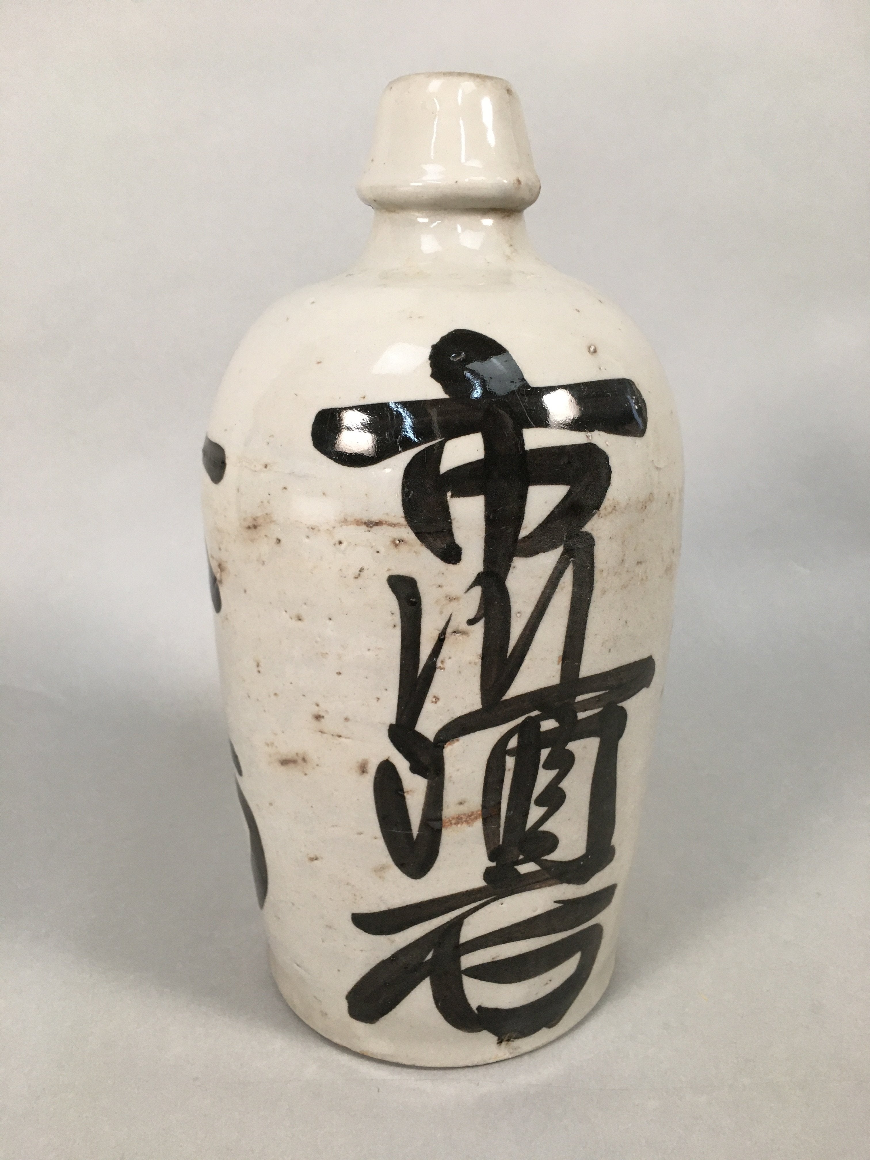 Japanese Ceramic Sake Bottle Tokkuri Vtg Pottery Gray Hand-Written Kanji TS257