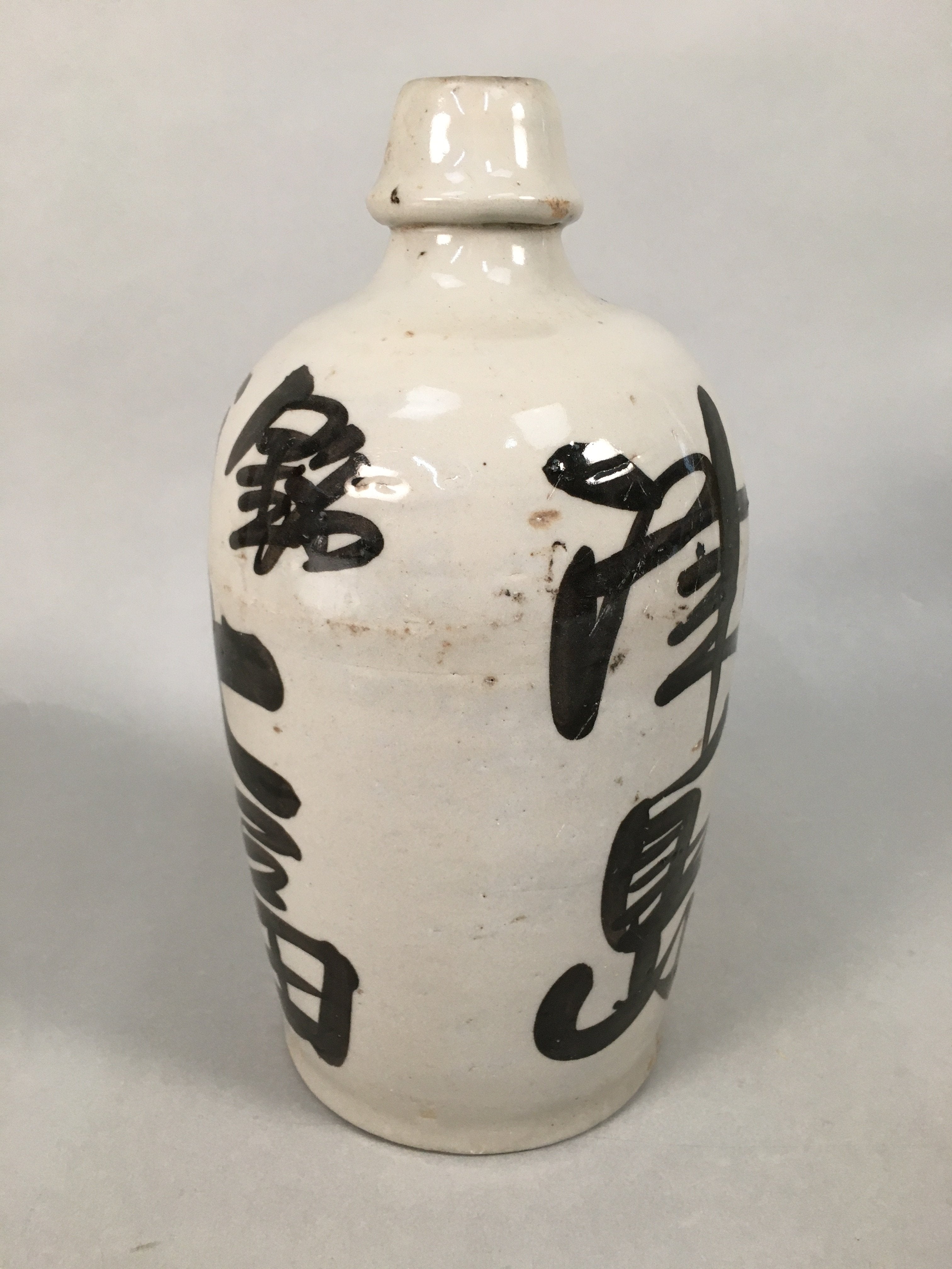 Japanese Ceramic Sake Bottle Tokkuri Vtg Pottery Gray Hand-Written Kanji TS257