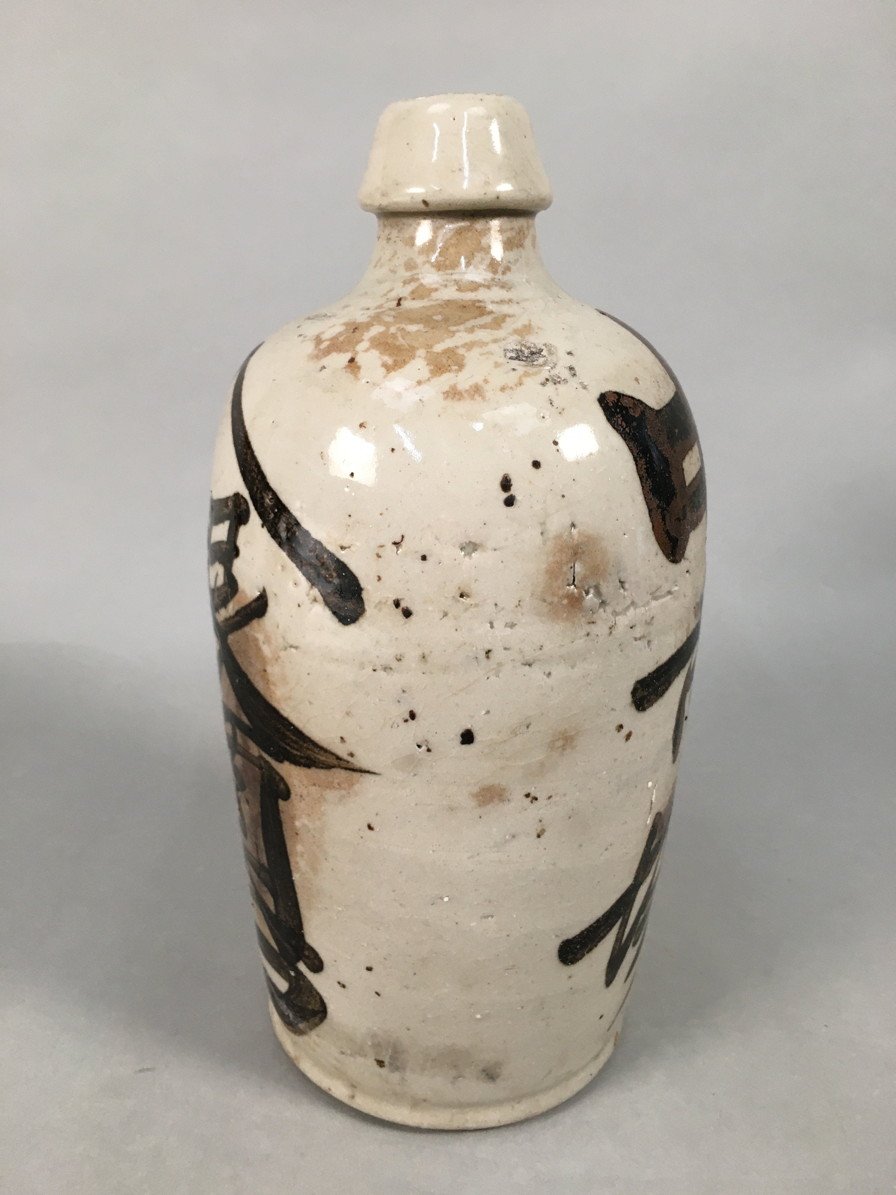 Japanese Ceramic Sake Bottle Tokkuri Vtg Pottery Gray Hand-Written Kanji TS258