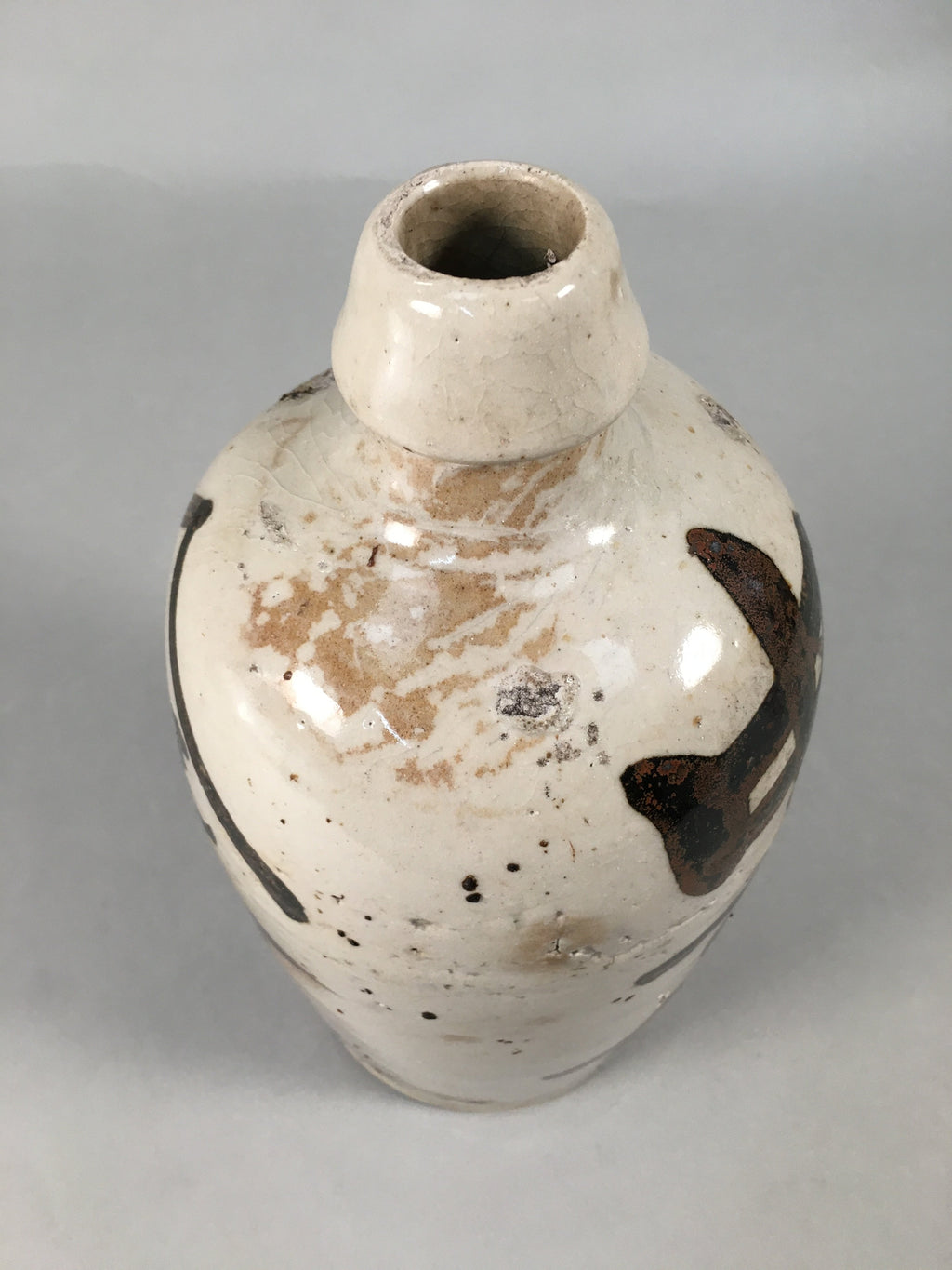 Japanese Ceramic Sake Bottle Tokkuri Vtg Pottery Gray Hand-Written Kanji TS258