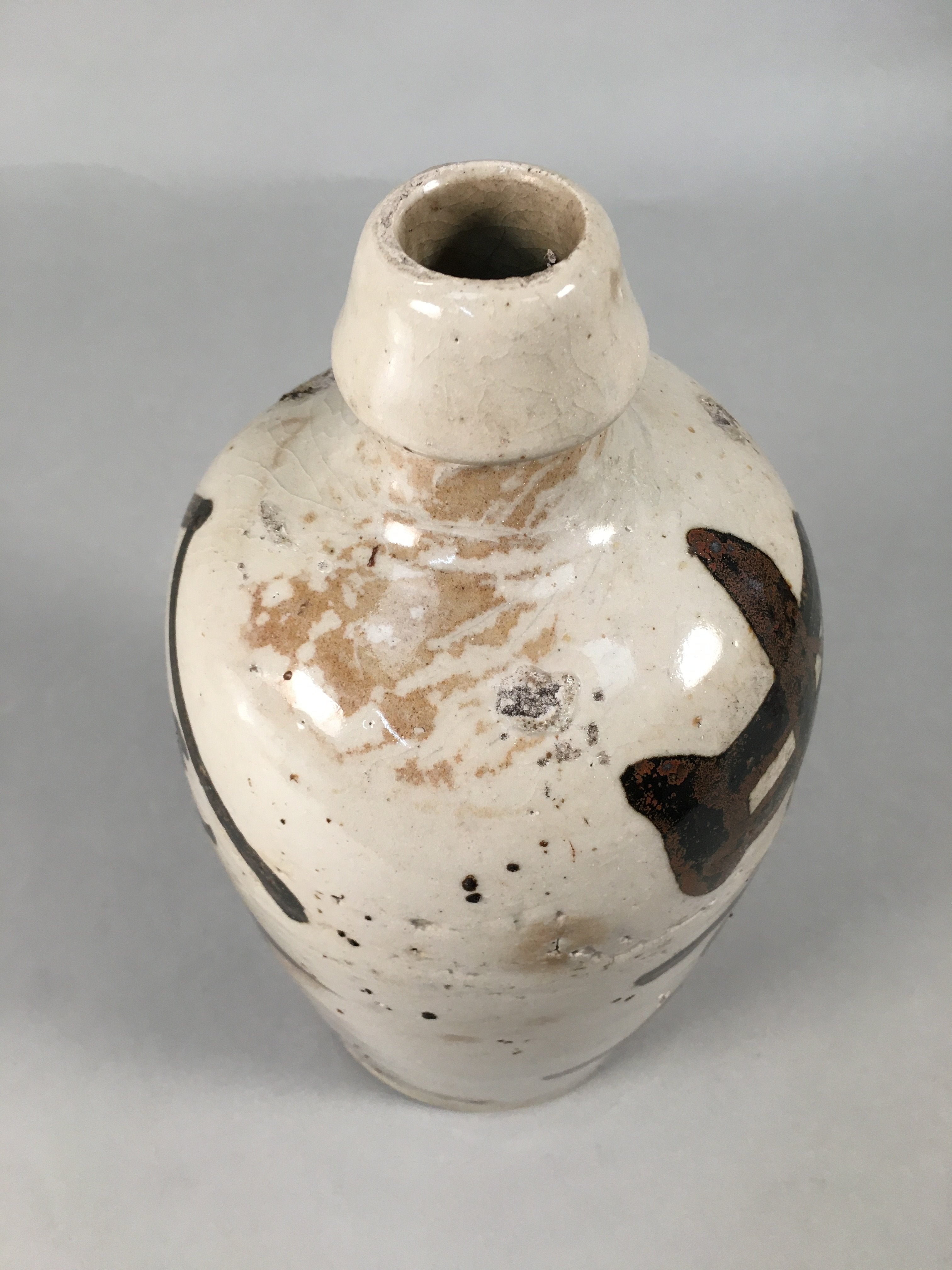 Japanese Ceramic Sake Bottle Tokkuri Vtg Pottery Gray Hand-Written Kanji TS258
