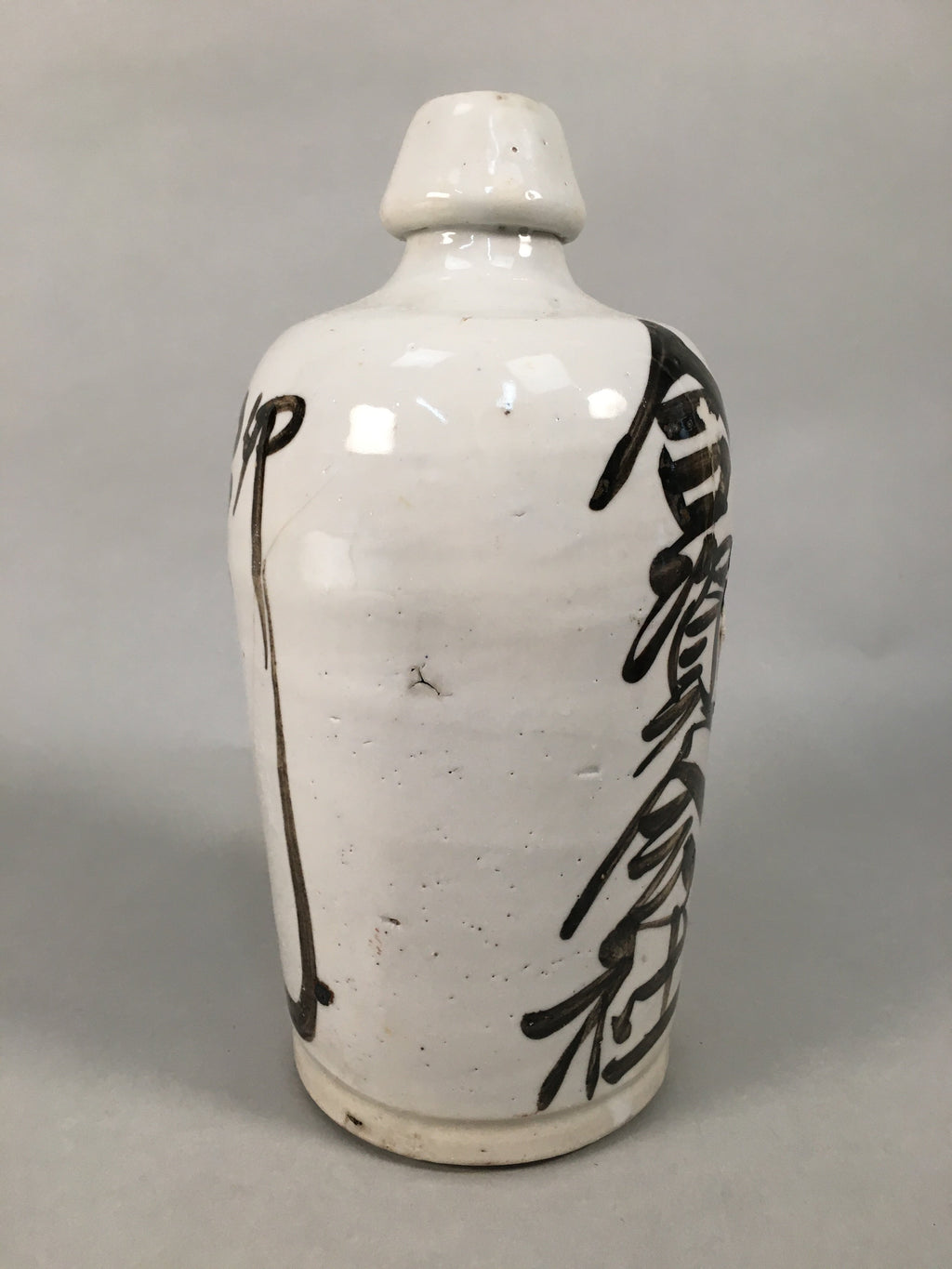 Japanese Ceramic Sake Bottle Tokkuri Vtg Pottery Gray Hand-Written Kanji TS259