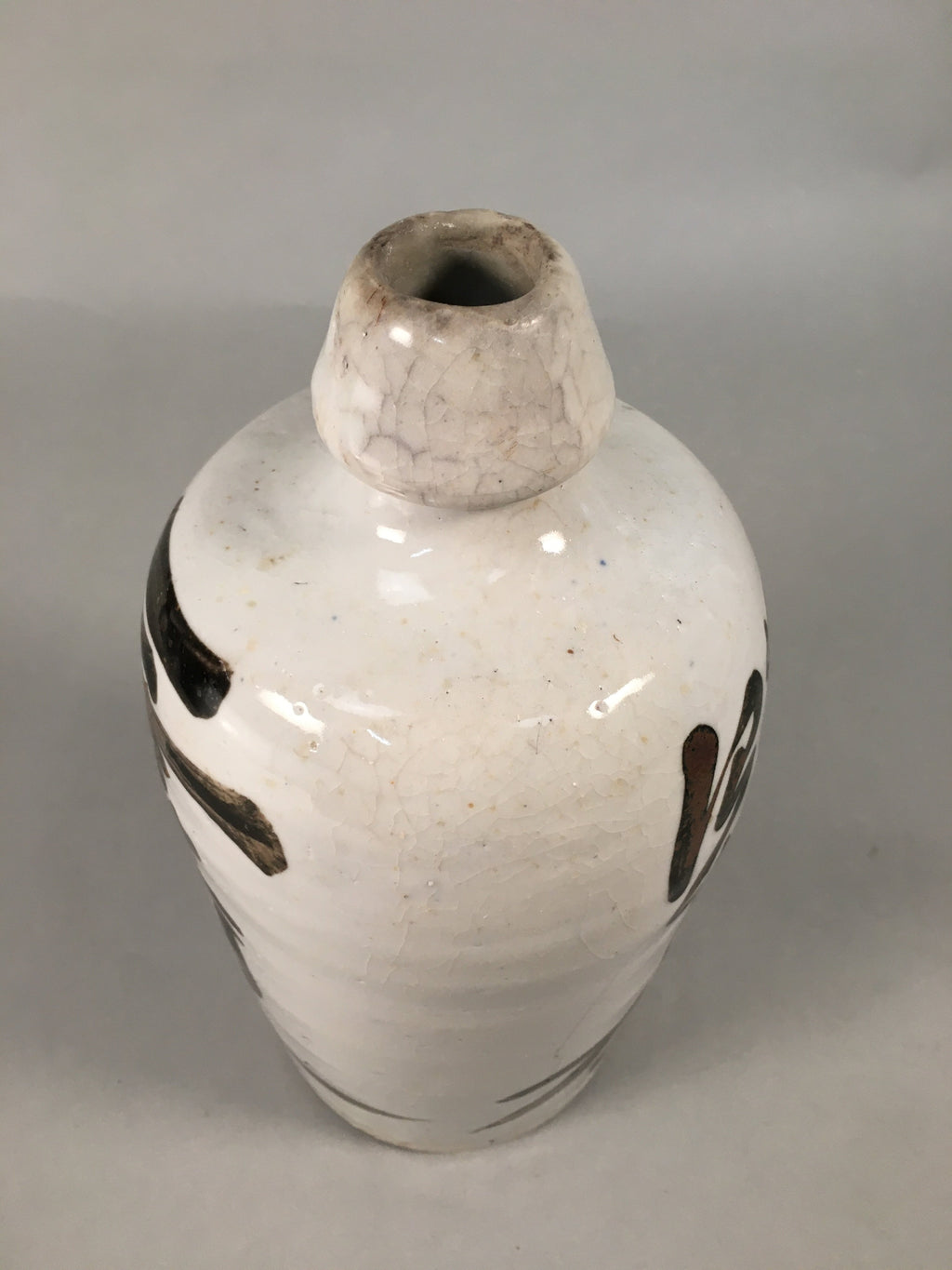 Japanese Ceramic Sake Bottle Tokkuri Vtg Pottery Gray Hand-Written Kanji TS259