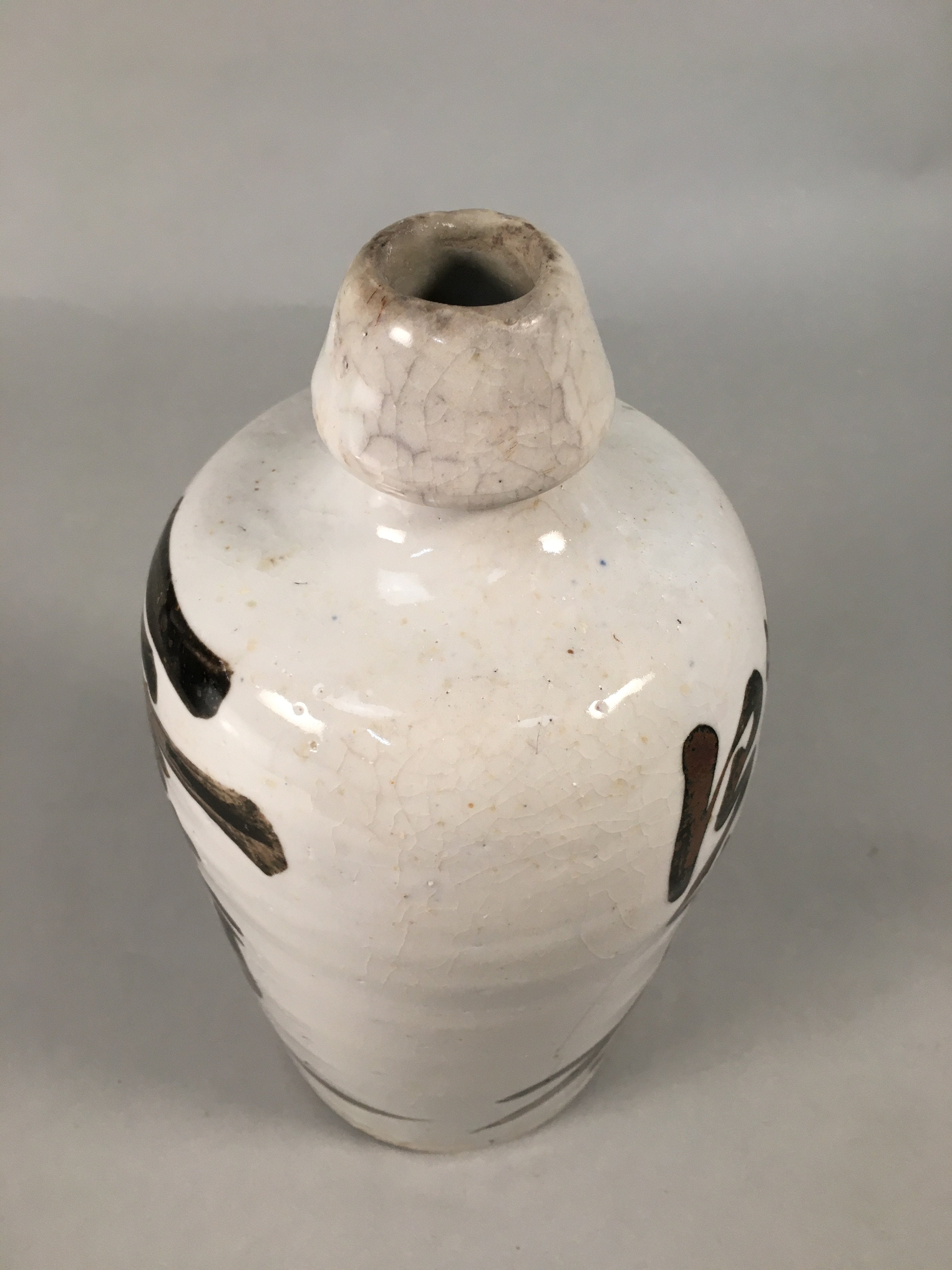 Japanese Ceramic Sake Bottle Tokkuri Vtg Pottery Gray Hand-Written Kanji TS259