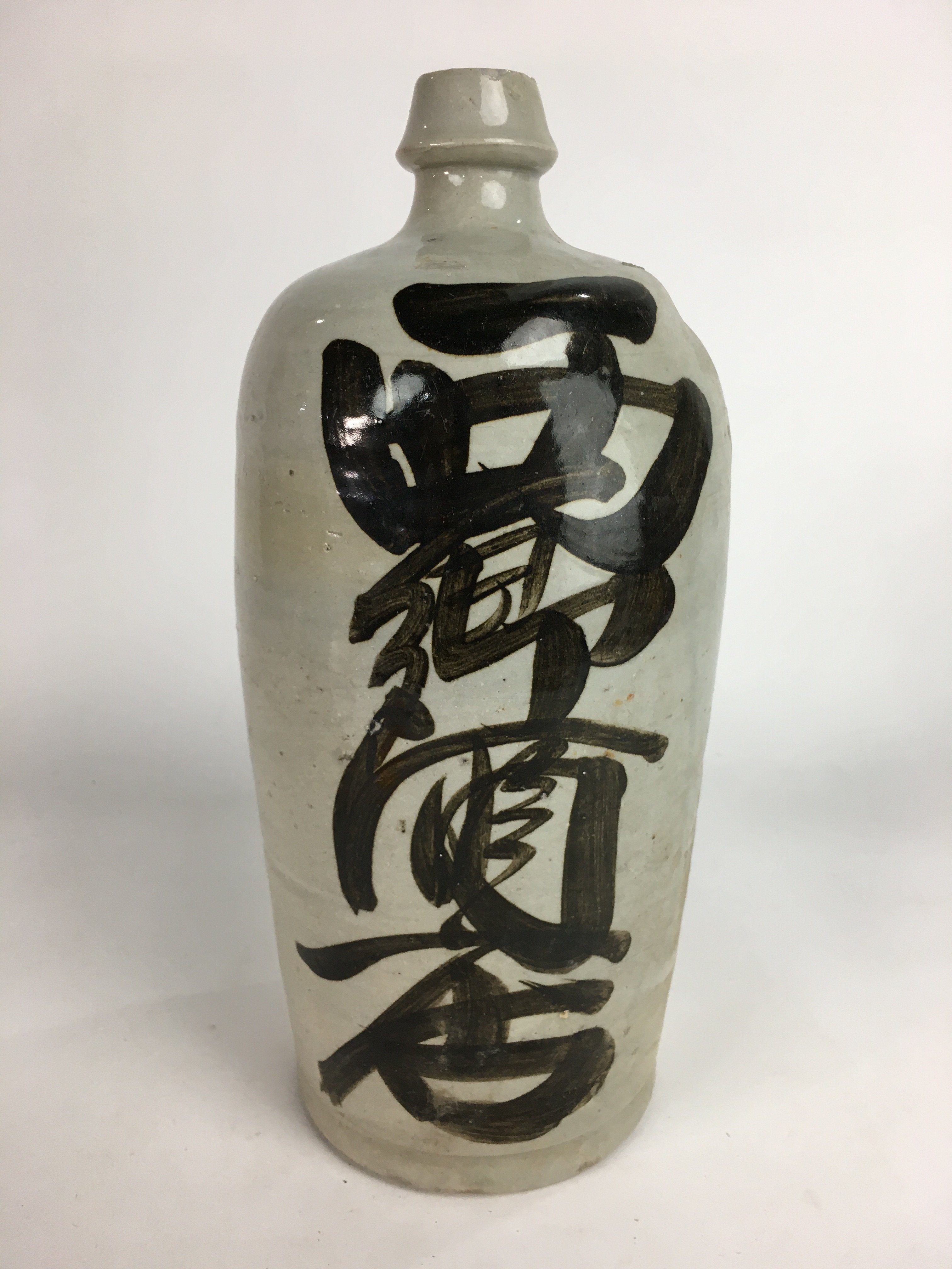 Japanese Ceramic Sake Bottle Tokkuri Vtg Pottery Gray Hand-Written Kanji TS273