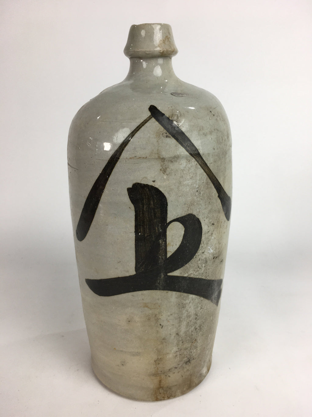 Japanese Ceramic Sake Bottle Tokkuri Vtg Pottery Gray Hand-Written Kanji TS273