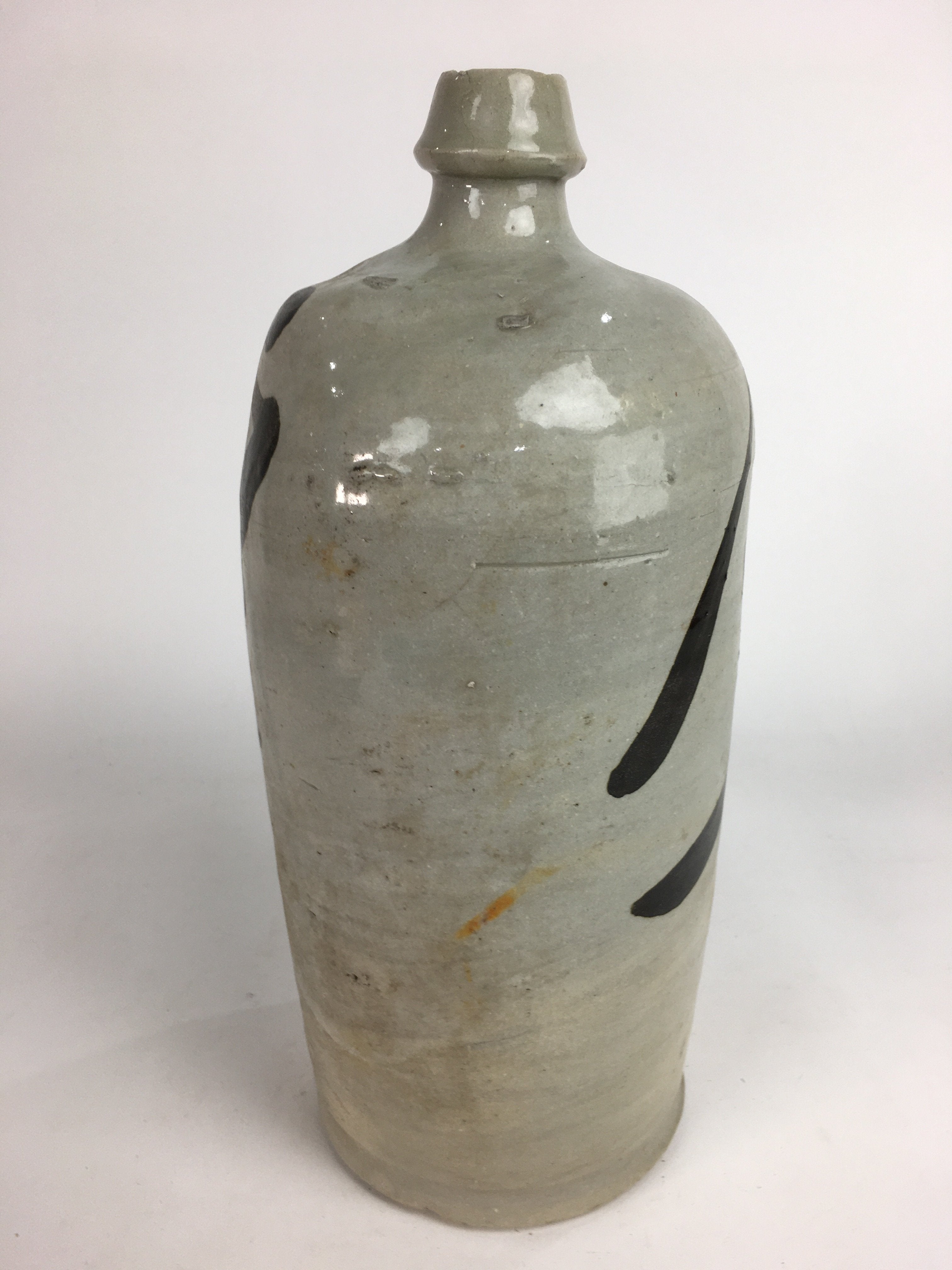 Japanese Ceramic Sake Bottle Tokkuri Vtg Pottery Gray Hand-Written Kanji TS273