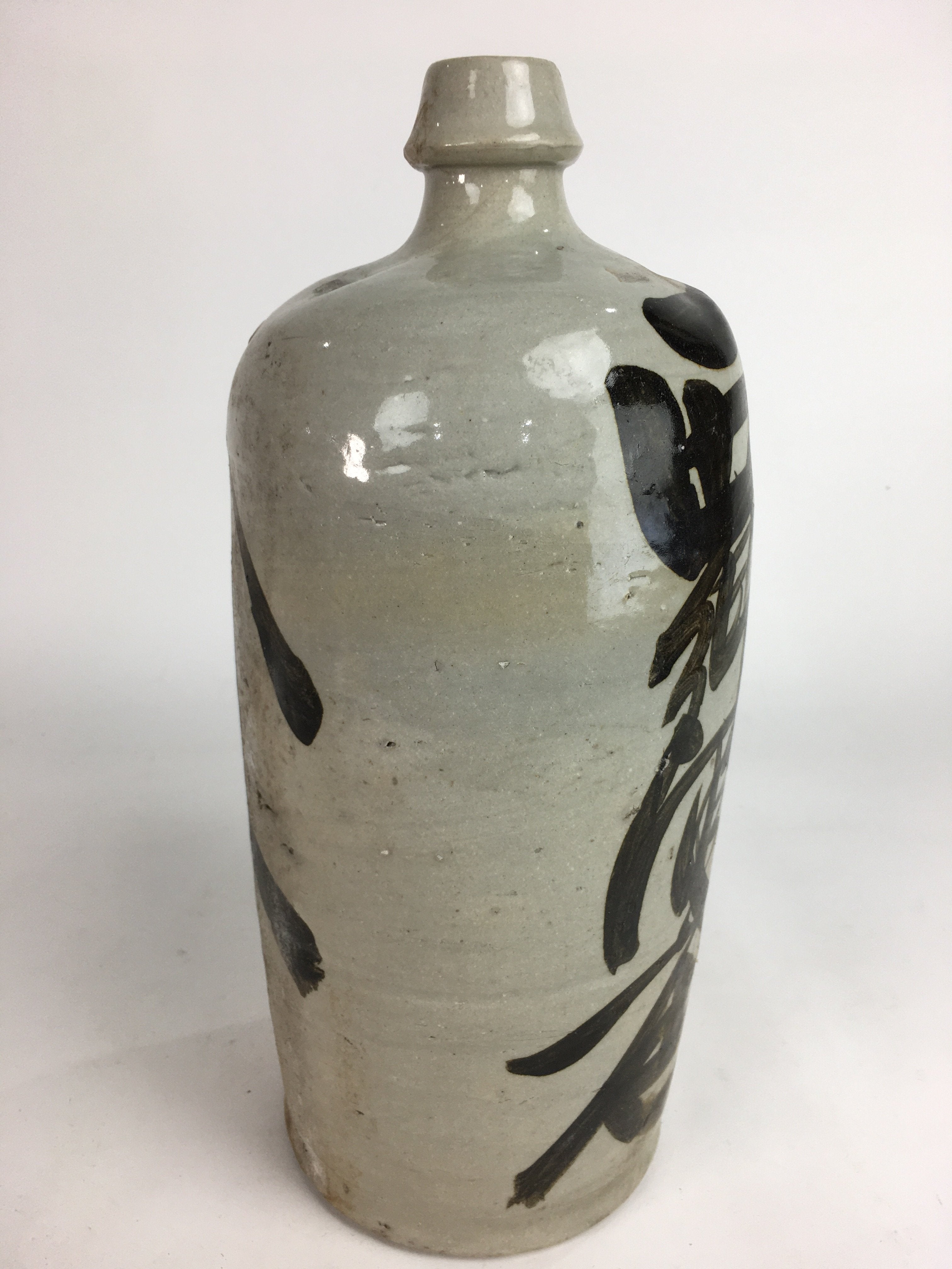Japanese Ceramic Sake Bottle Tokkuri Vtg Pottery Gray Hand-Written Kanji TS273