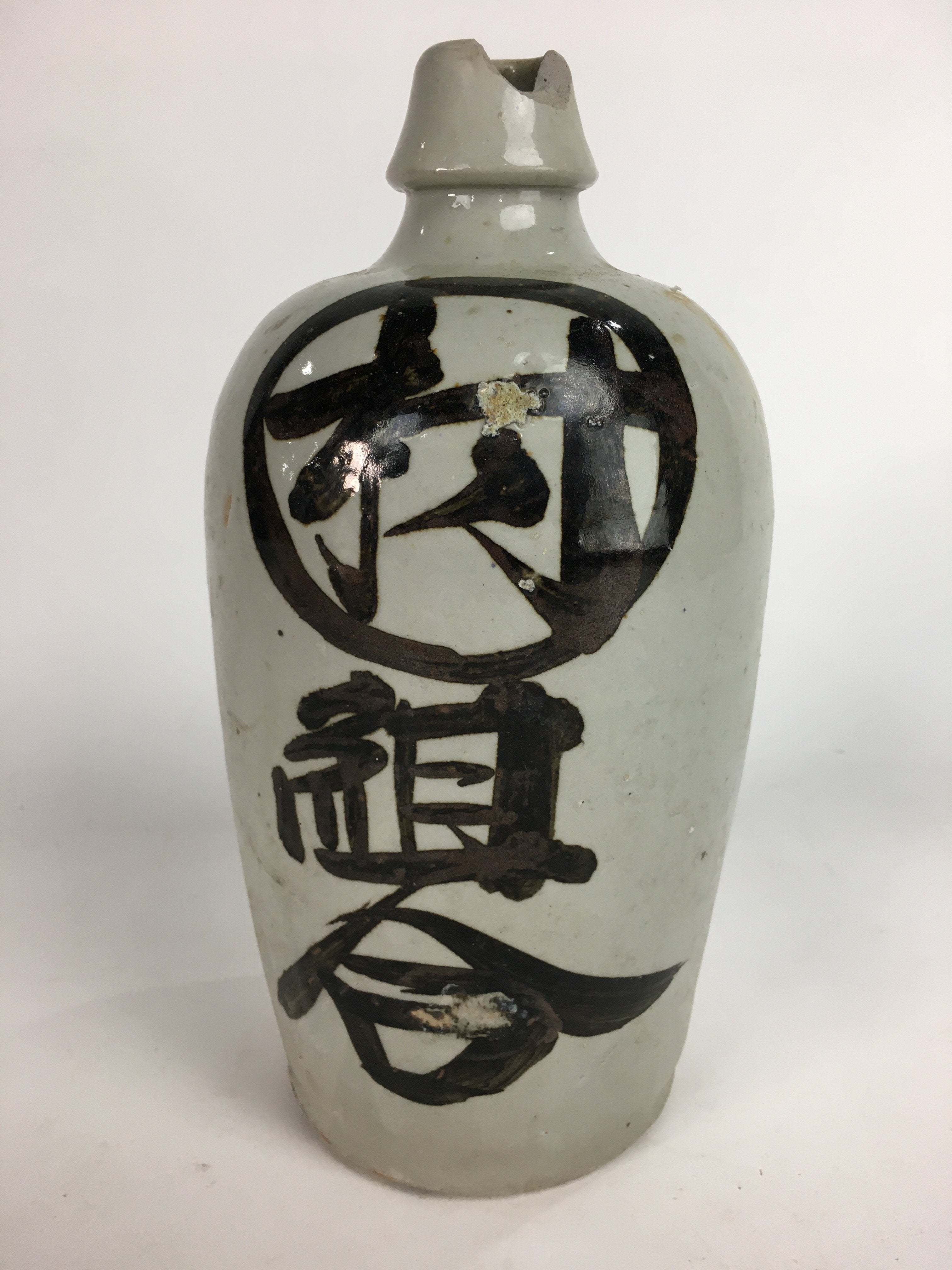 Japanese Ceramic Sake Bottle Tokkuri Vtg Pottery Gray Hand-Written Kanji TS274
