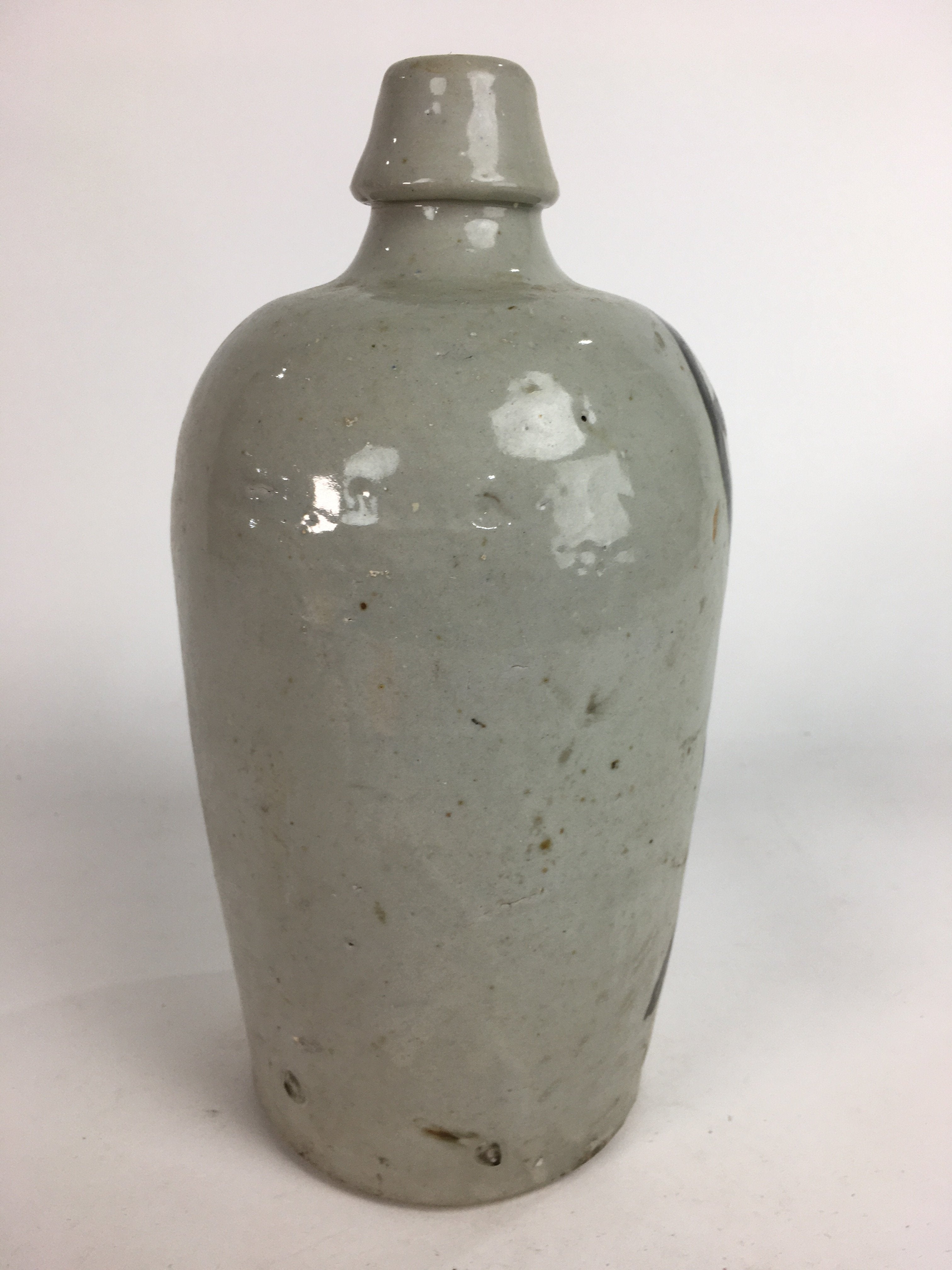 Japanese Ceramic Sake Bottle Tokkuri Vtg Pottery Gray Hand-Written Kanji TS274