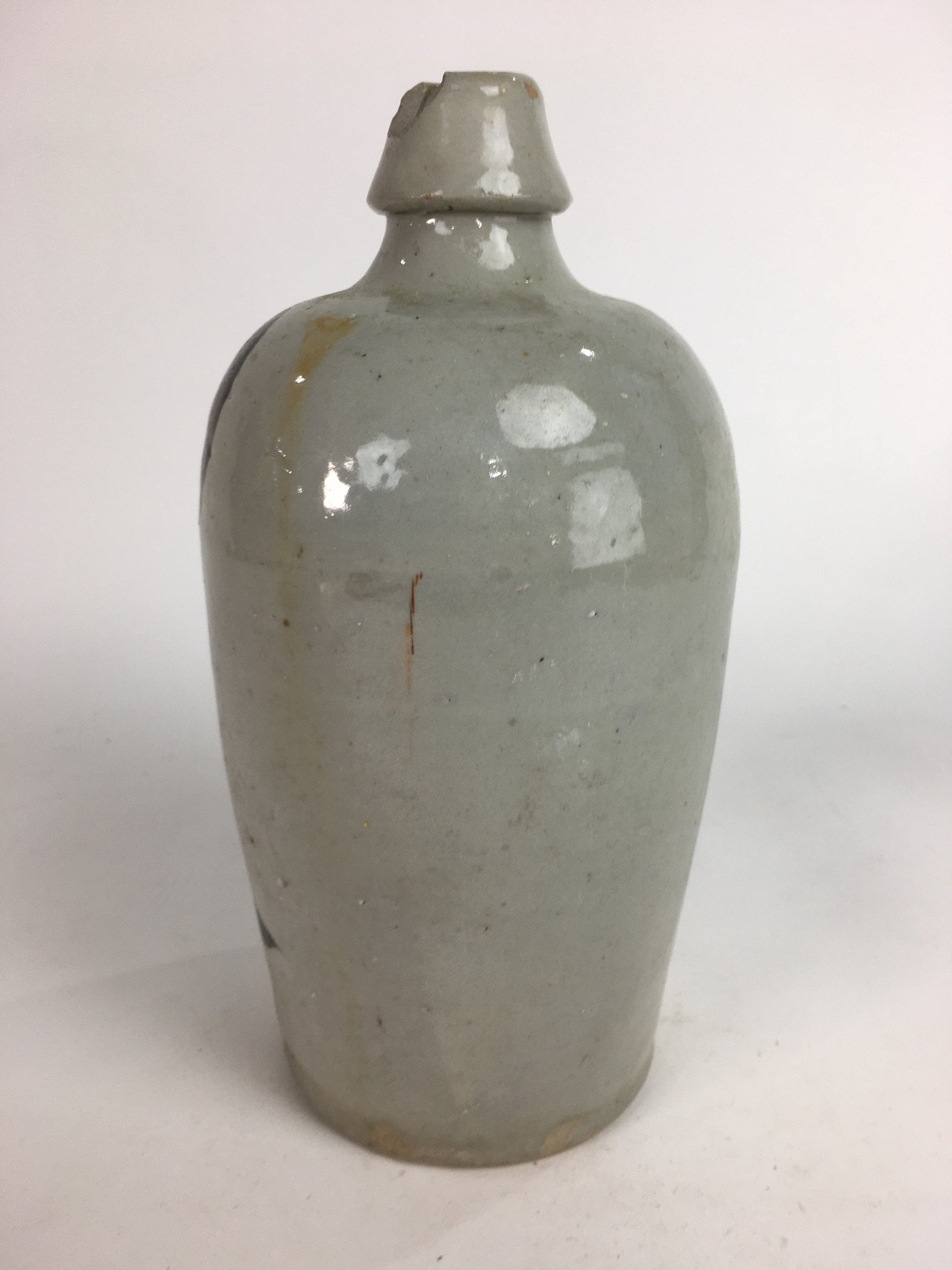 Japanese Ceramic Sake Bottle Tokkuri Vtg Pottery Gray Hand-Written Kanji TS274