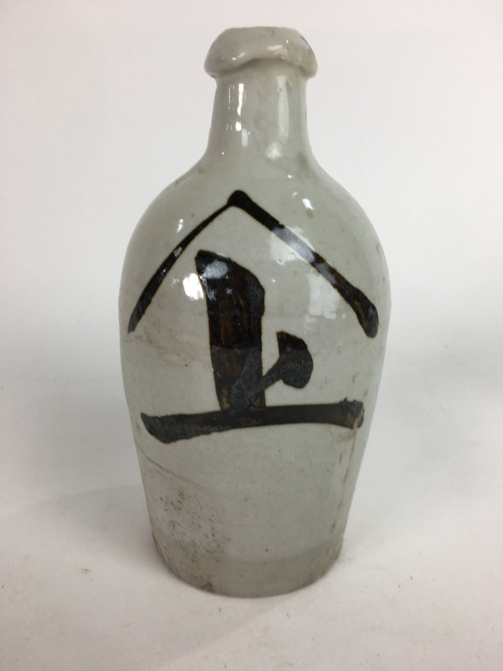 Japanese Ceramic Sake Bottle Tokkuri Vtg Pottery Gray Hand-Written Kanji TS275