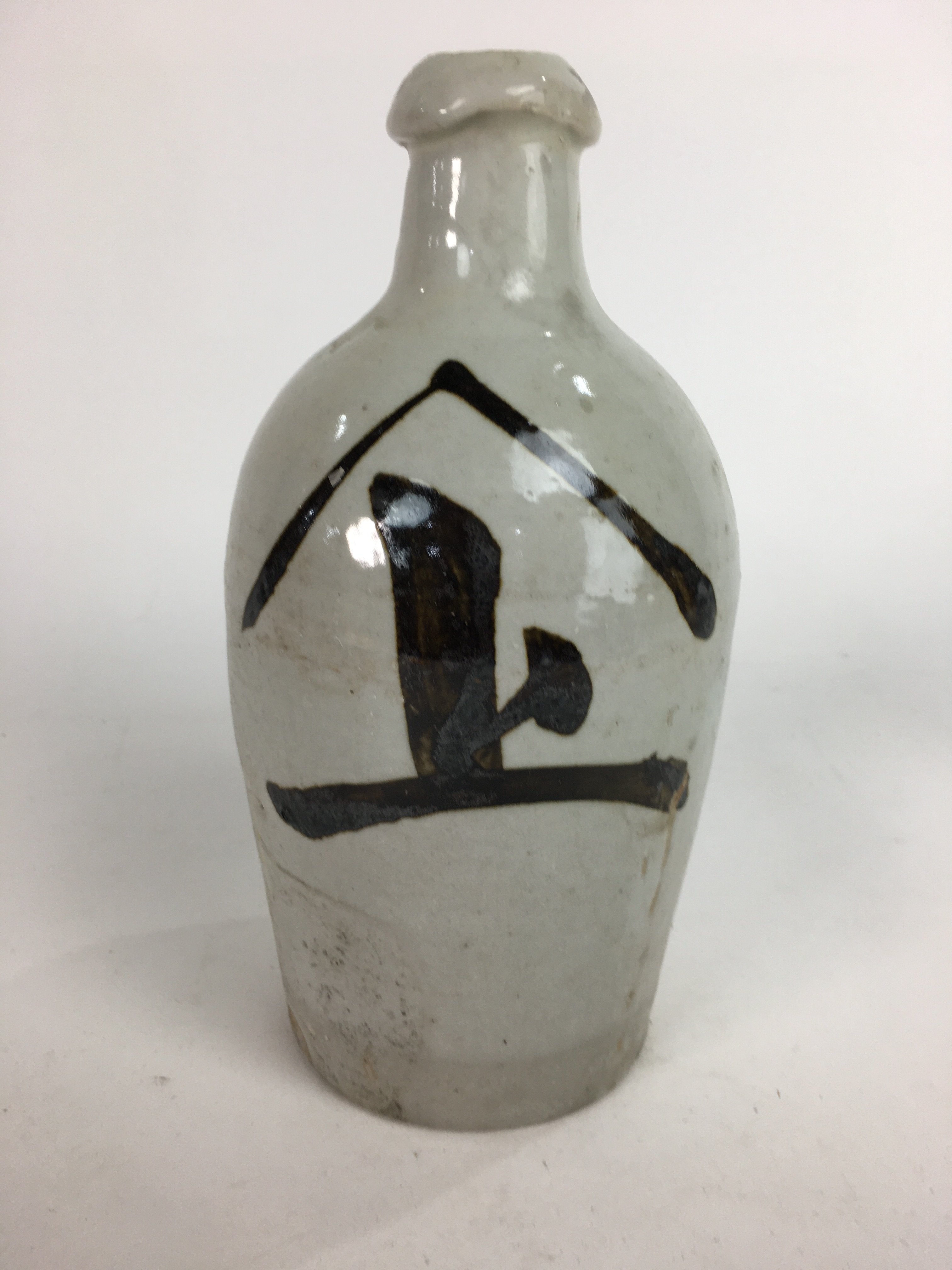 Japanese Ceramic Sake Bottle Tokkuri Vtg Pottery Gray Hand-Written Kanji TS275