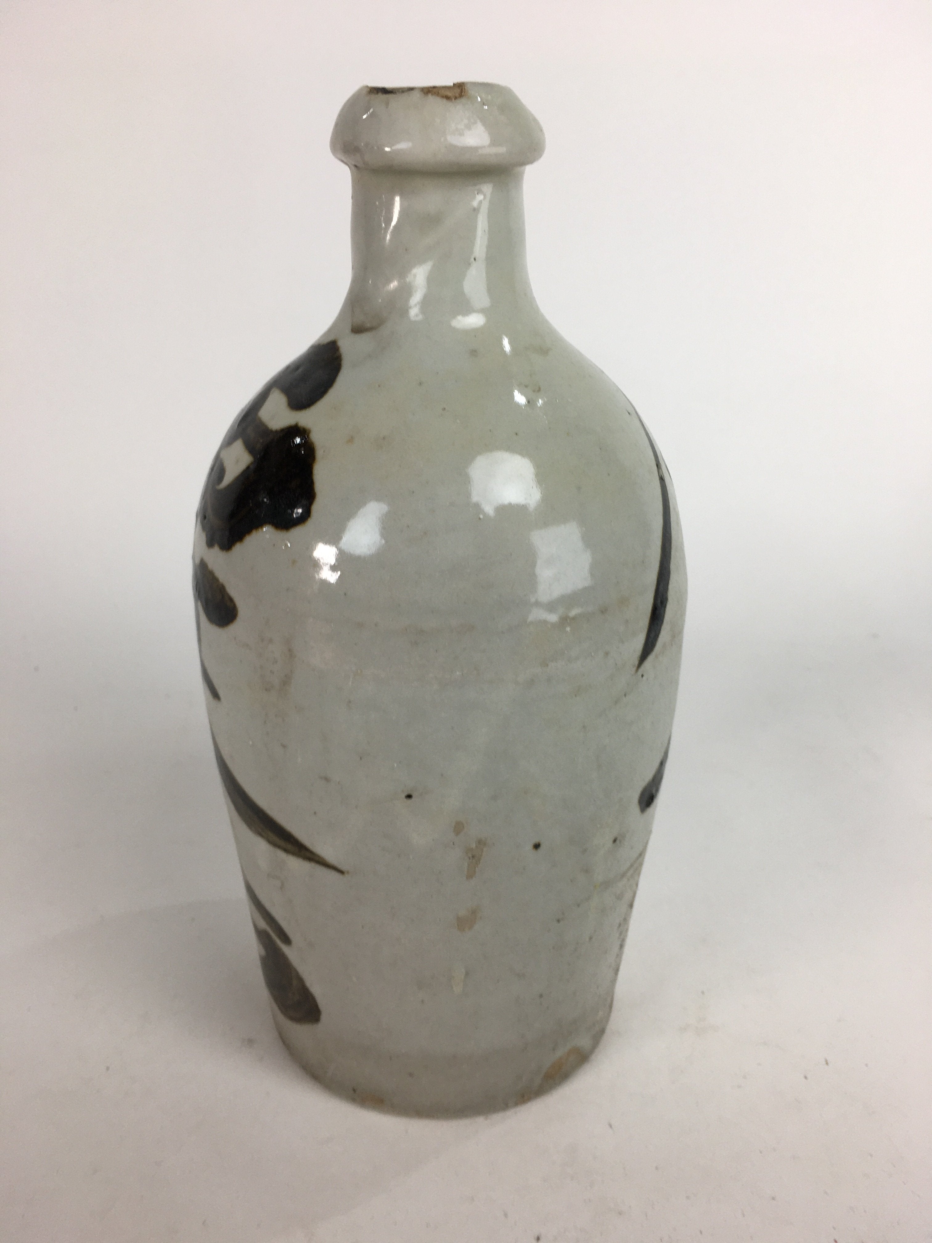 Japanese Ceramic Sake Bottle Tokkuri Vtg Pottery Gray Hand-Written Kanji TS275