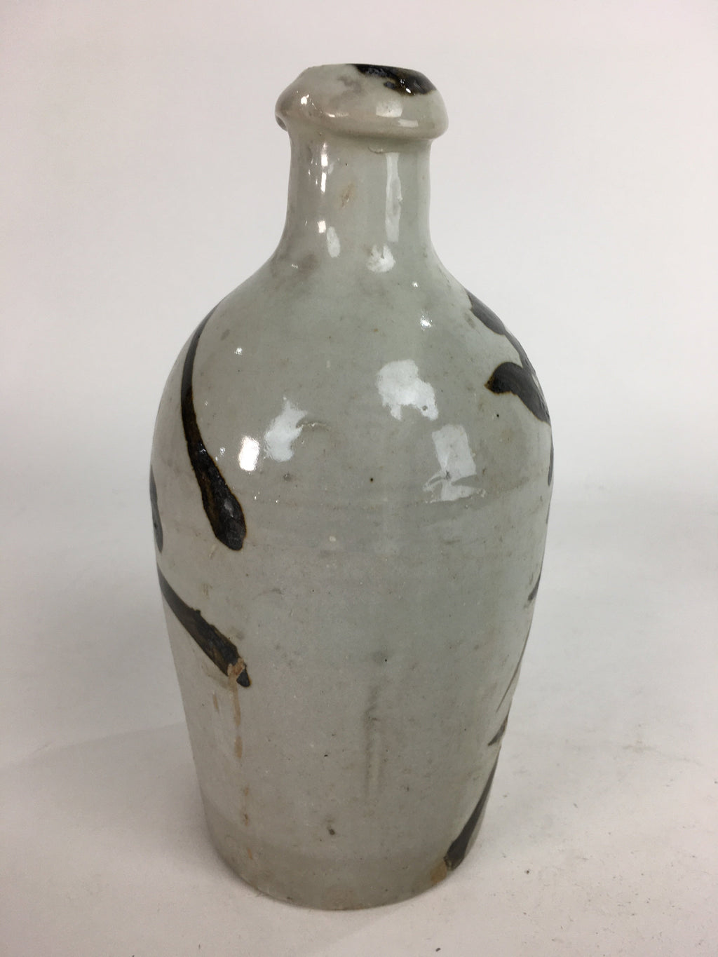 Japanese Ceramic Sake Bottle Tokkuri Vtg Pottery Gray Hand-Written Kanji TS275