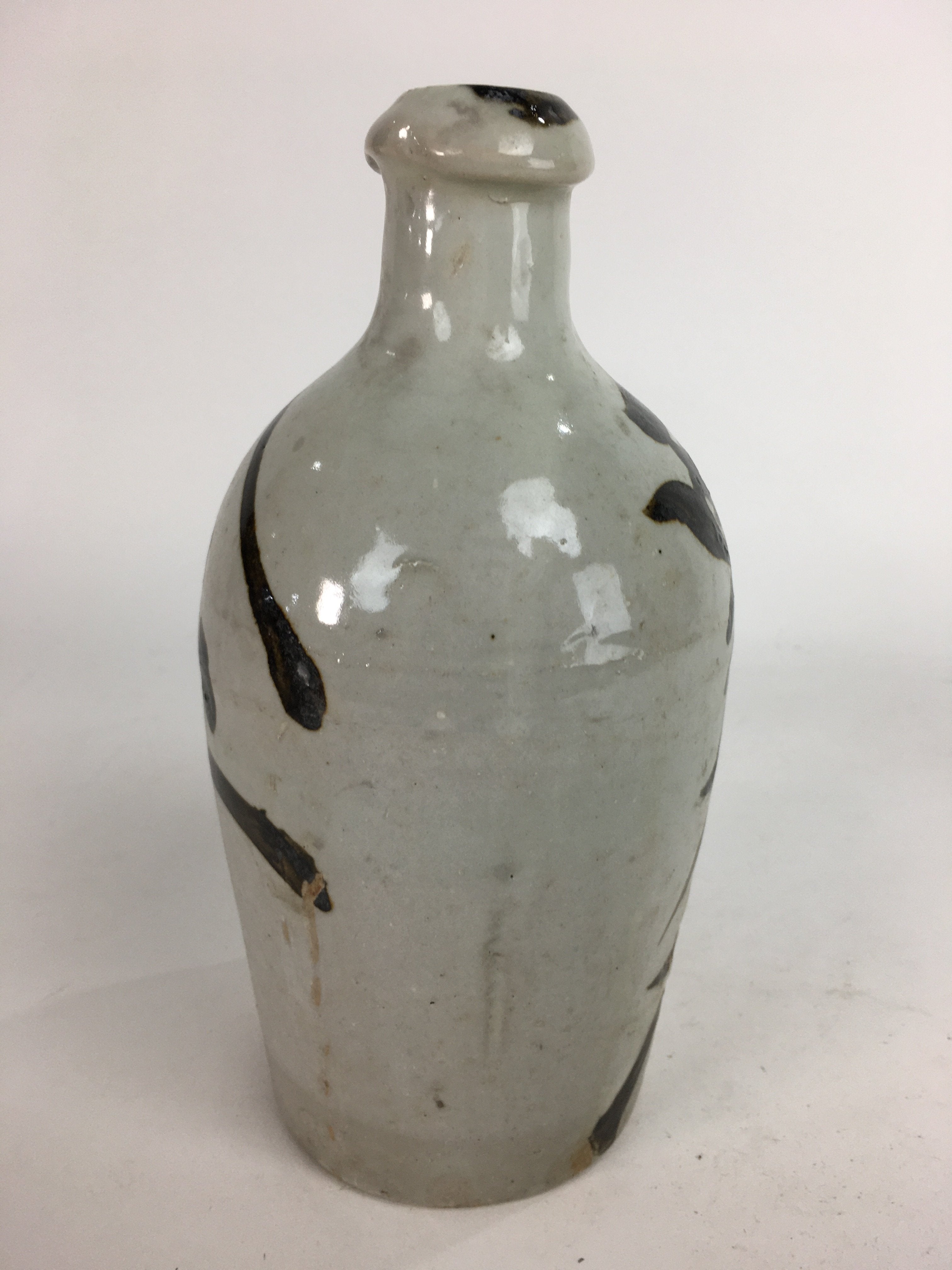 Japanese Ceramic Sake Bottle Tokkuri Vtg Pottery Gray Hand-Written Kanji TS275